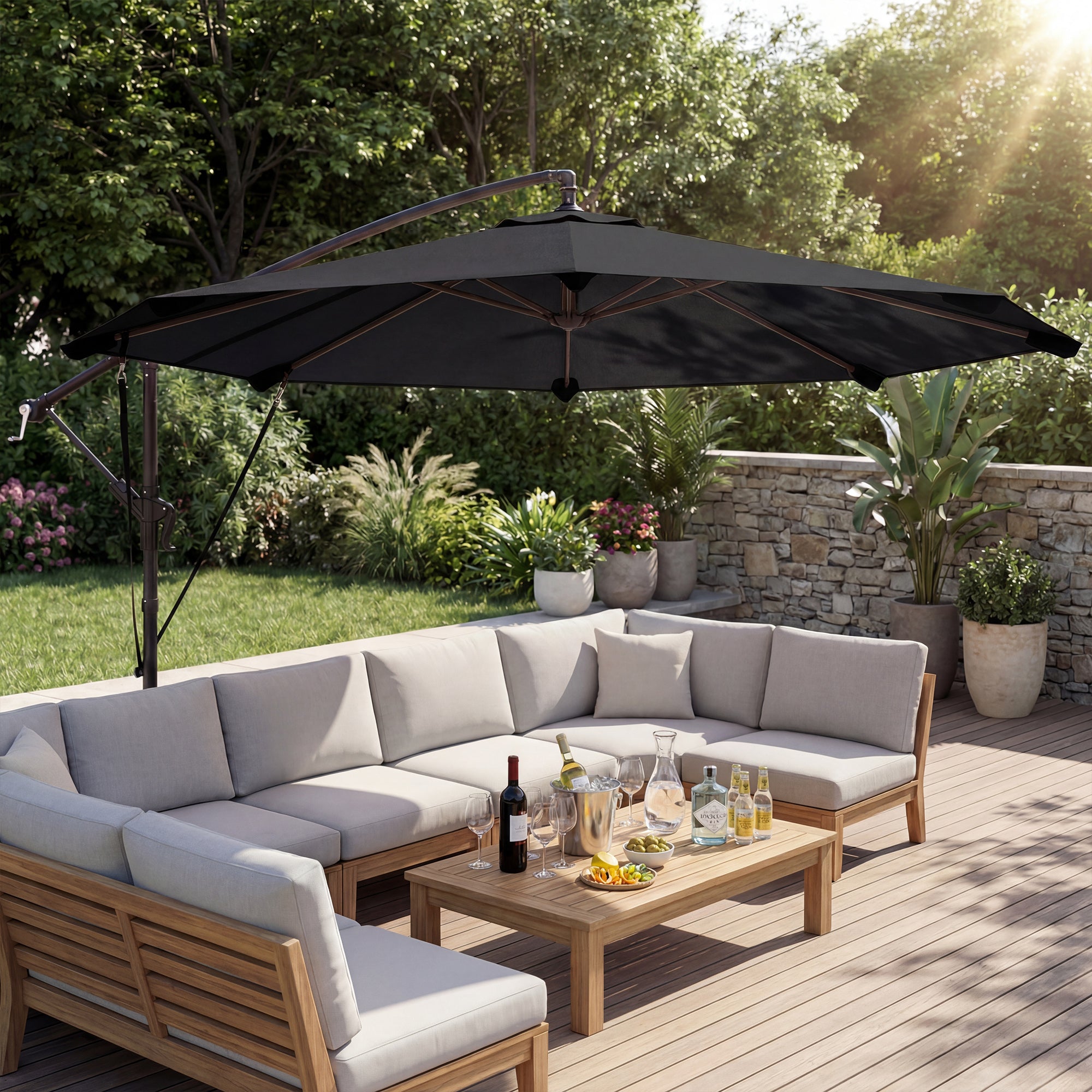 3 m Cantilever Parasol with Protective Cover and Wind Ropes, Banana Parasol with Crank Handle, Black