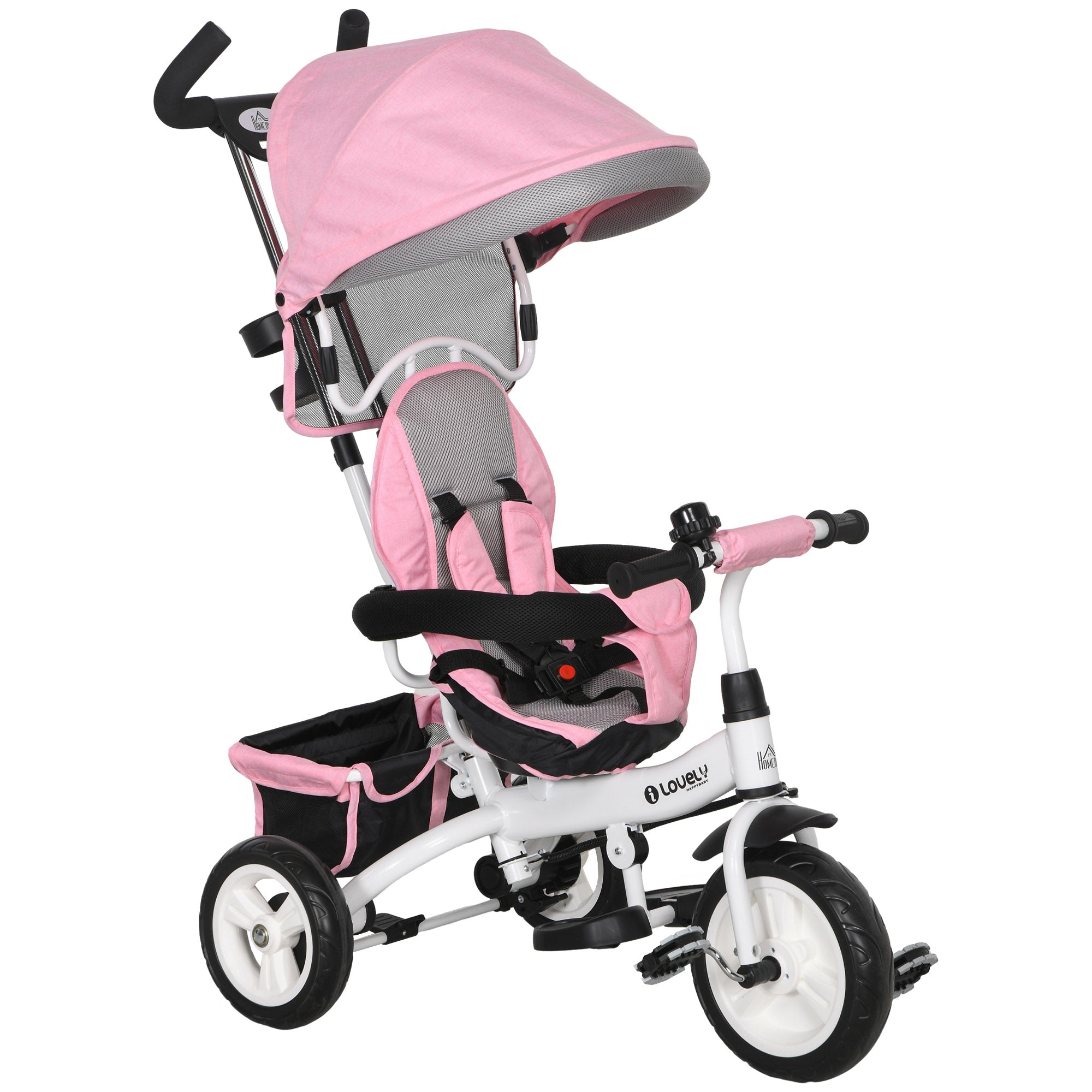 6 in 1 Kids Trike Push Bike w/ Push Handle, Canopy, 5-point Safety Belt, Storage, Footrest, Brake, for 1-5 Years, Pink