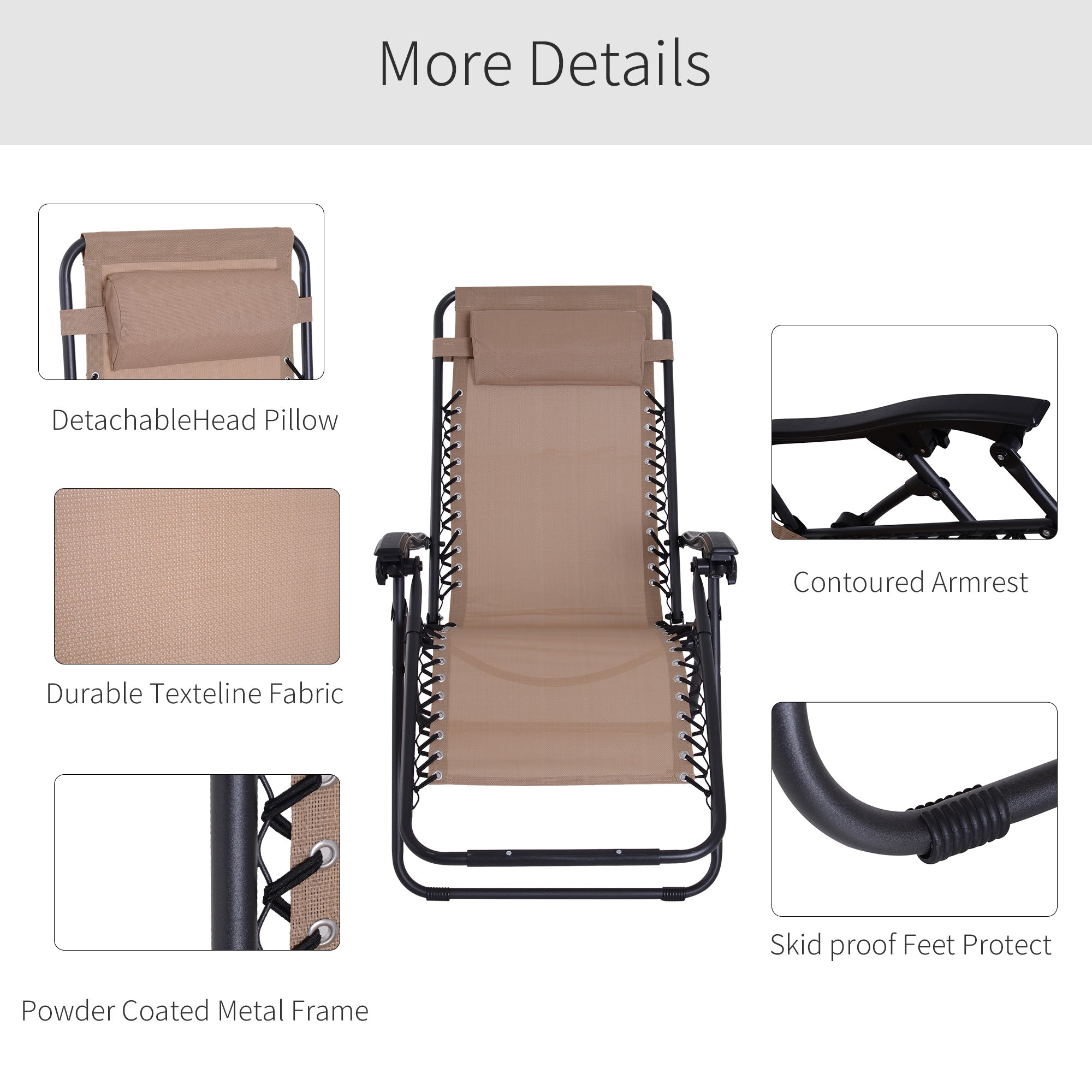 Zero Gravity Chair Set of 2, Metal Frame Texteline Armchair Outdoor Folding and Reclining Sun Lounger with Head Pillow for Patio Decking Gardens Camping, Beige