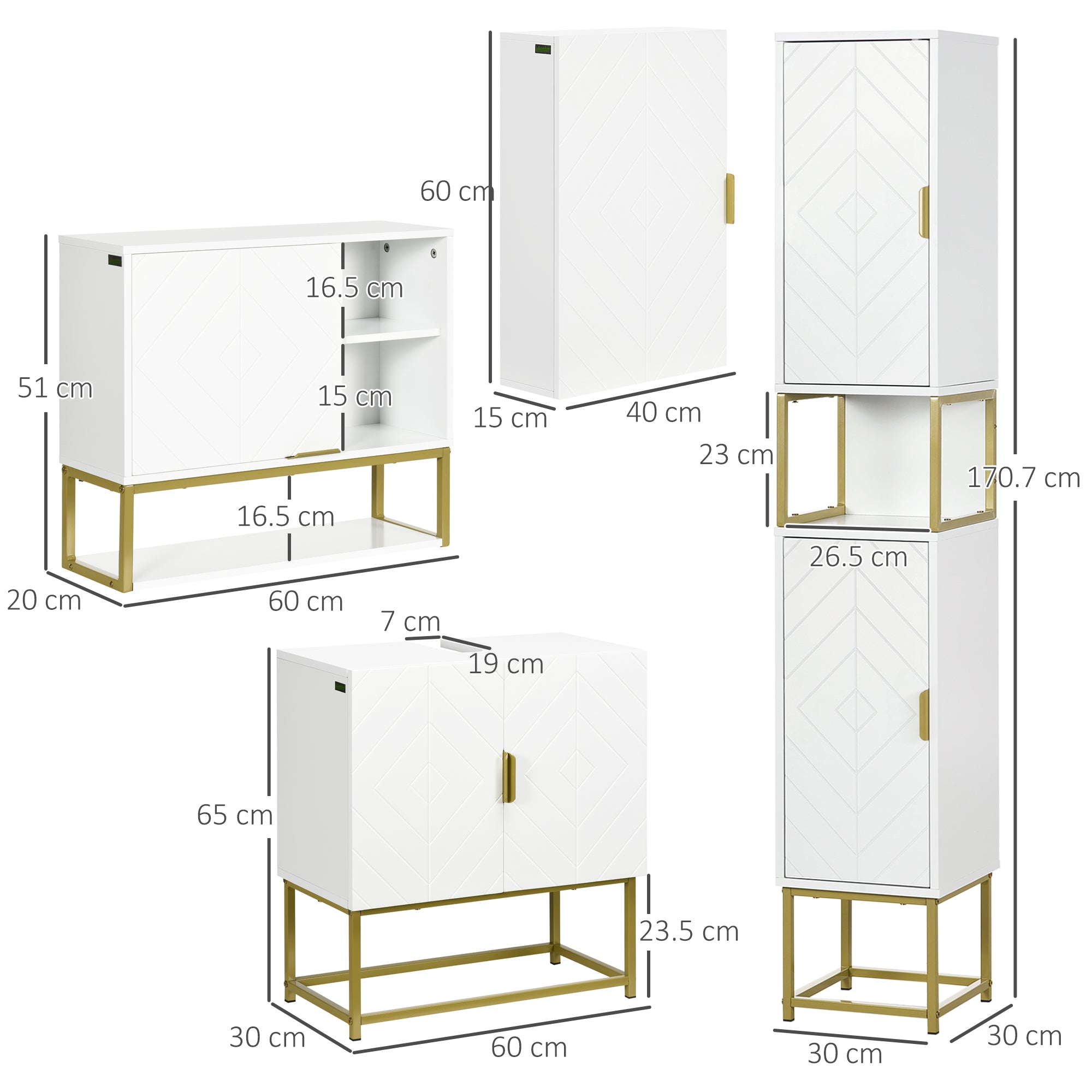 4 Piece Bathroom Furniture Set, Freestanding Tall Bathroom Cabinet, Under Sink Storage Cabinet, 2 Wall Mounted Cabinets, White