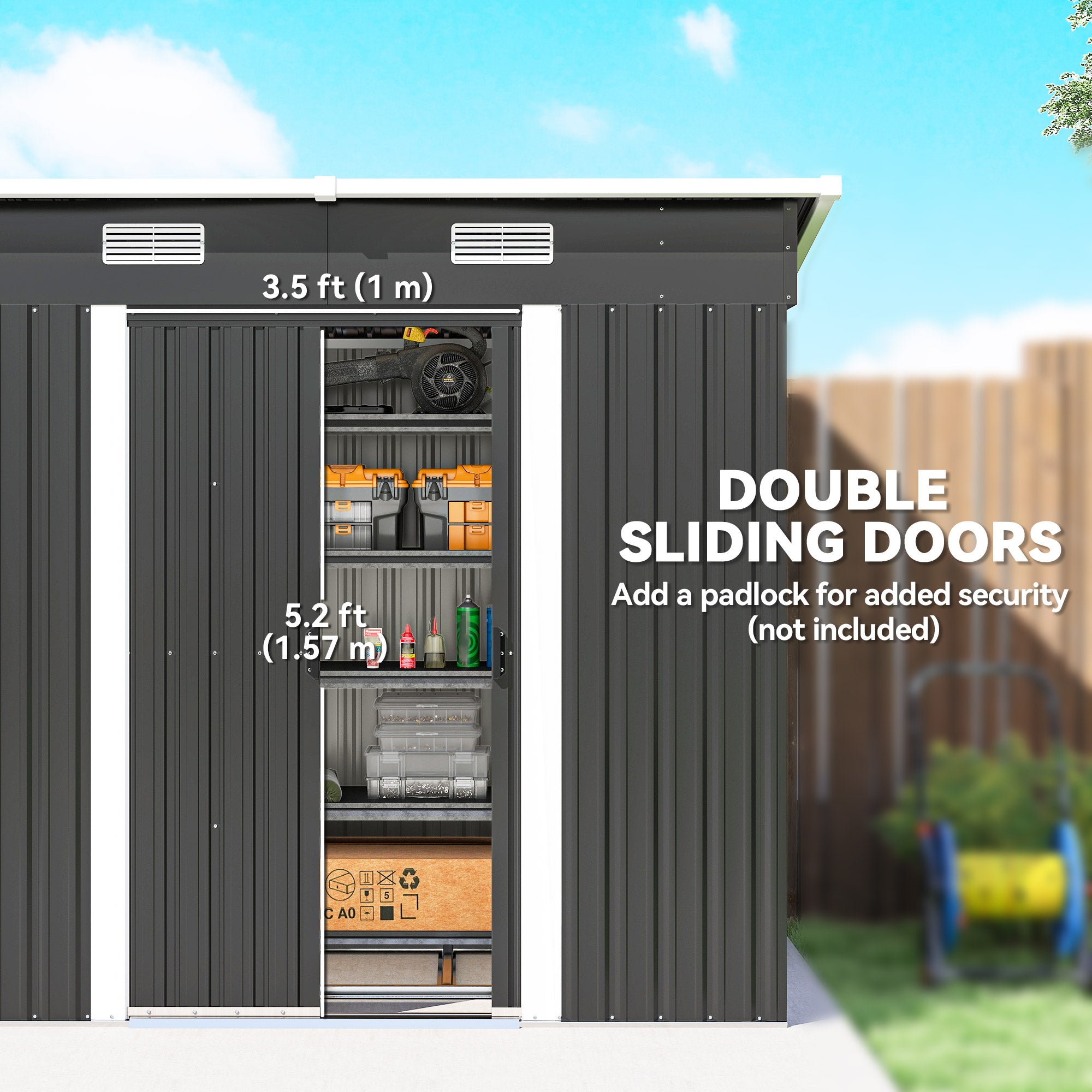 7 x 4ft Outdoor Storage Shed with Foundation Kit, Lean to Metal Garden Shed for Log, Rubbish Bin, Tool, Bike, Black