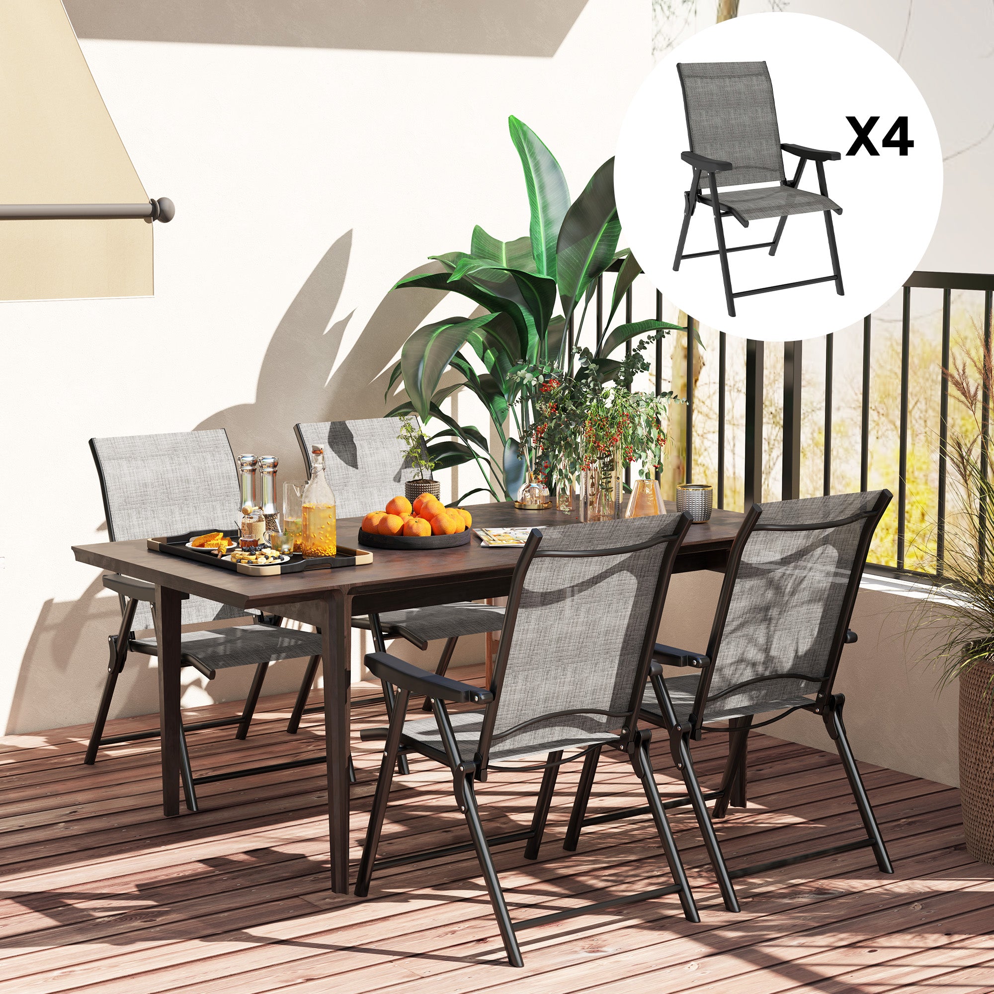 Set of 4 Folding Outdoor Chairs with Breathable Mesh Seats - Black Grey
