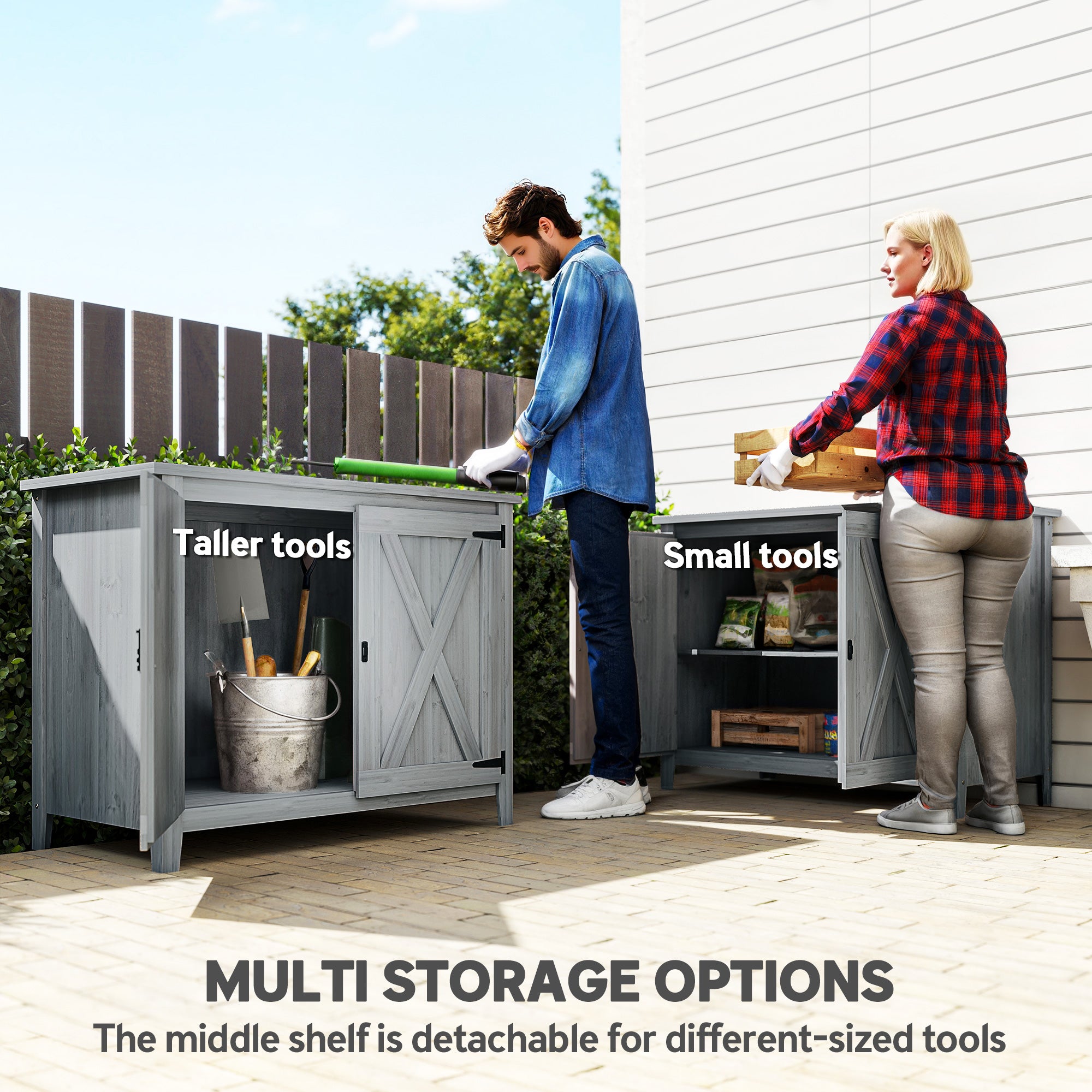 Wooden Garden Shed, Outdoor Fir Wood Storage Shed with Shelf and Double Doors, Light Grey