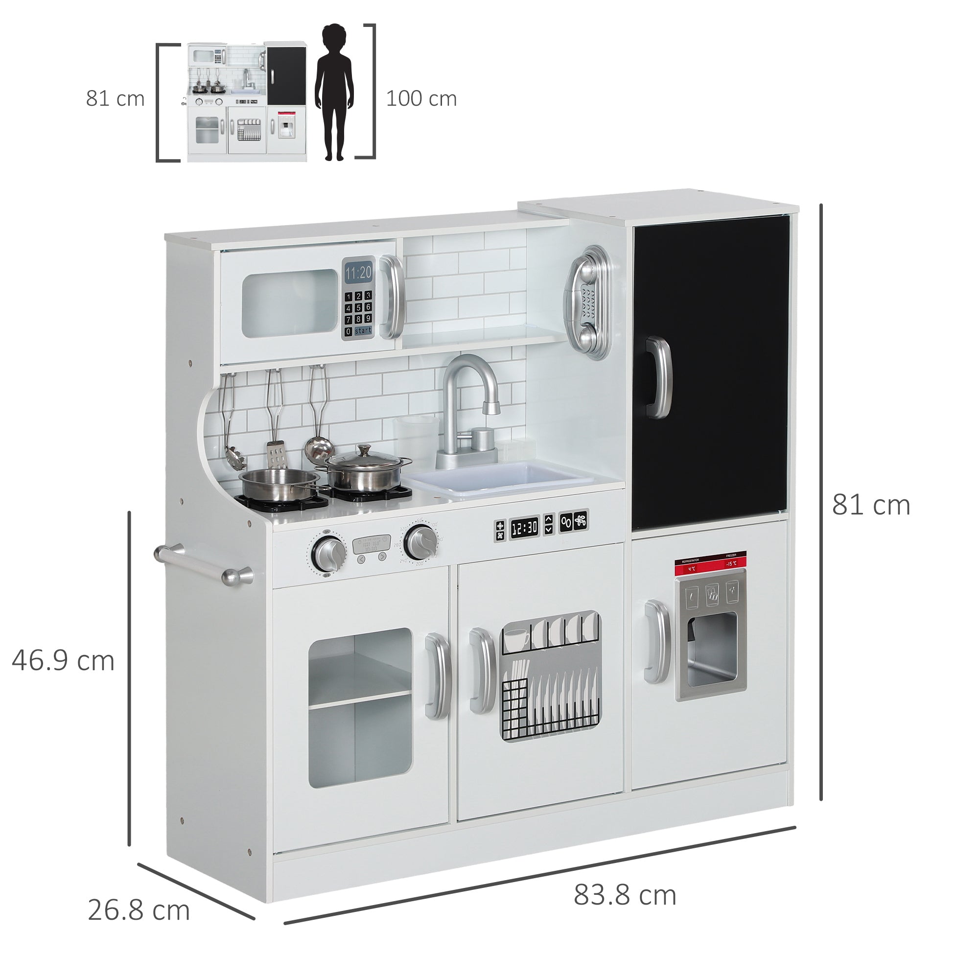 Pretend Play Kitchen, Kids Kitchen Playset, with Toy Phone, Chalkboard, Microwave, Cooking Stove, Sink, White