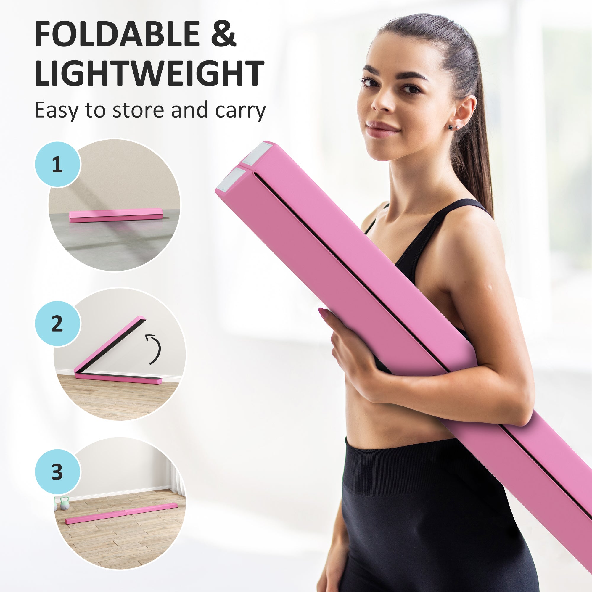 7.7ft Folding Gymnastics Beam, Floor Balance Beam for Kids with Anti-Slip Base, Gymnastics Equipment for Home, Pink