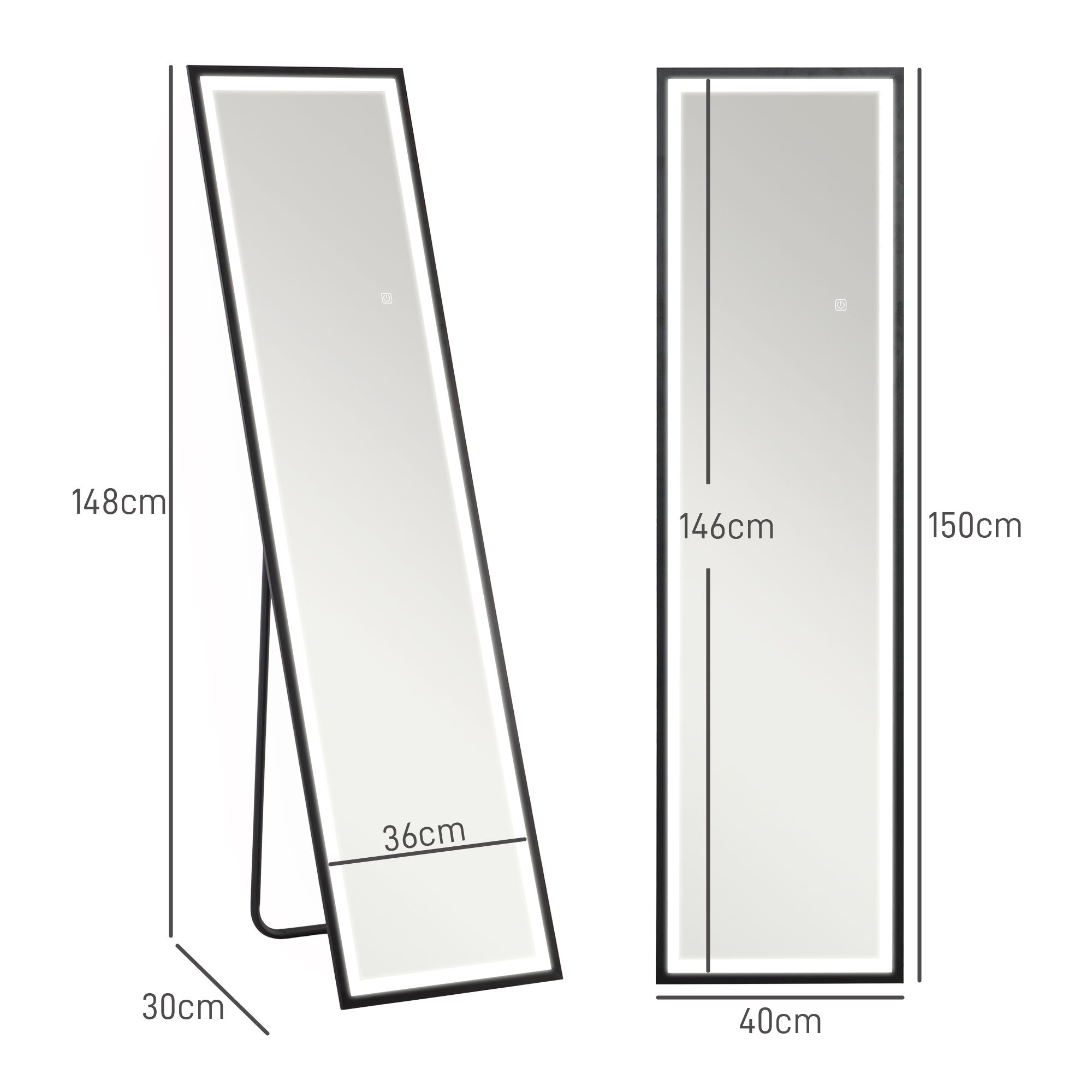 Full Length Mirror with LED Lights, 150 x 40cm Free Standing Mirror with Dimming and 3 Colour Lighting, Leaning or Wall Mirror with Metal Frame for Living Room, Bedroom, Black