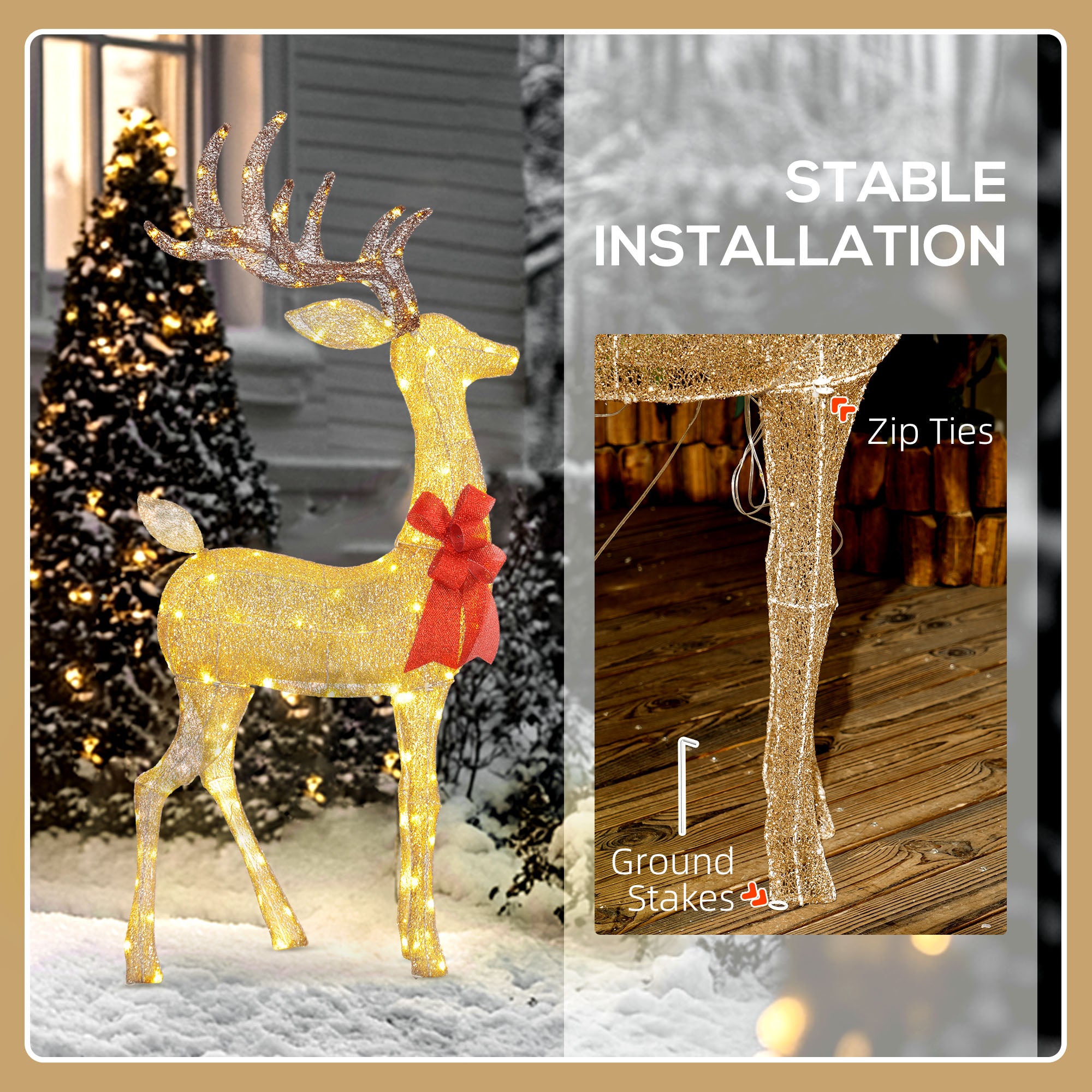 Lighted Reindeer Christmas Decoration, Light Up Christmas Deer with 137 LED Lights for Indoor, Outdoor, Garden, Lawn, Gold Tone