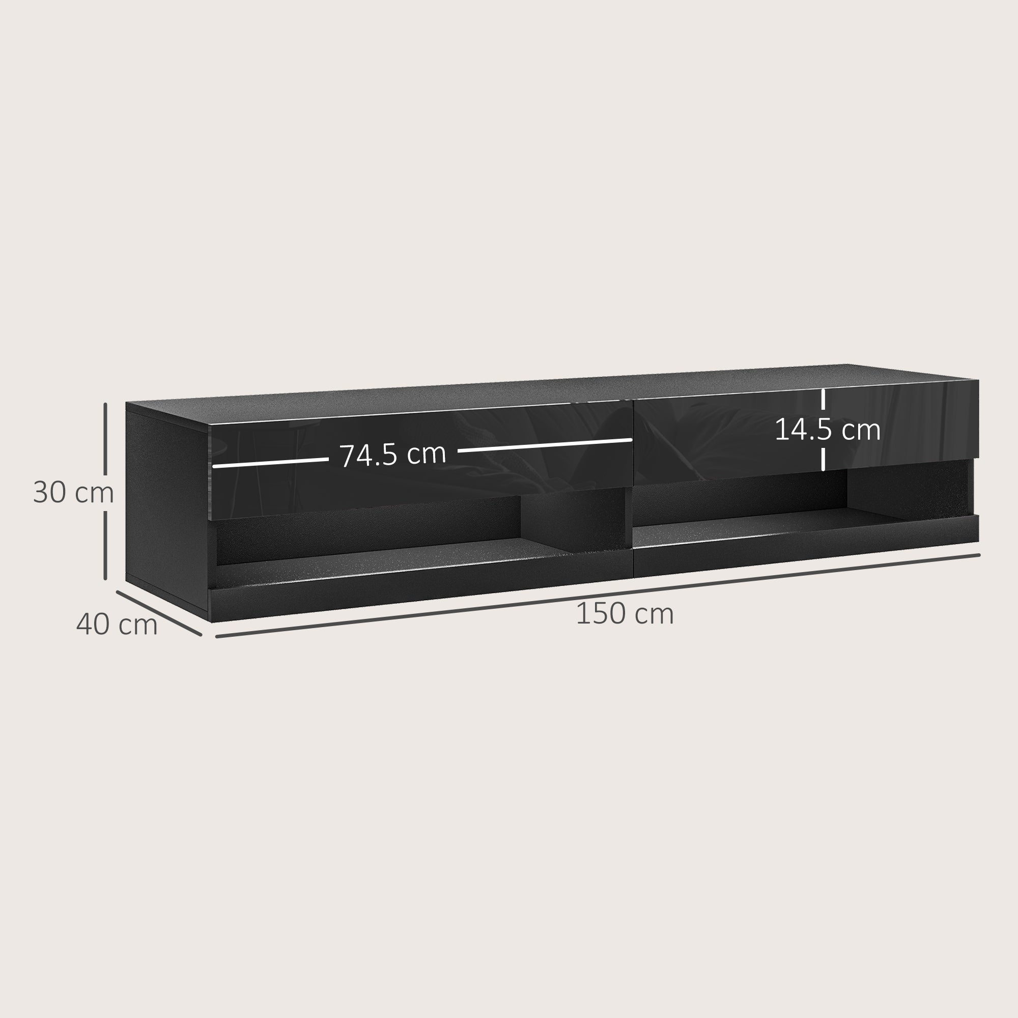 Floating TV Unit Wall Mounted Cabinet for TVs up to 65" with LED Lights and Storage Shelves - Black