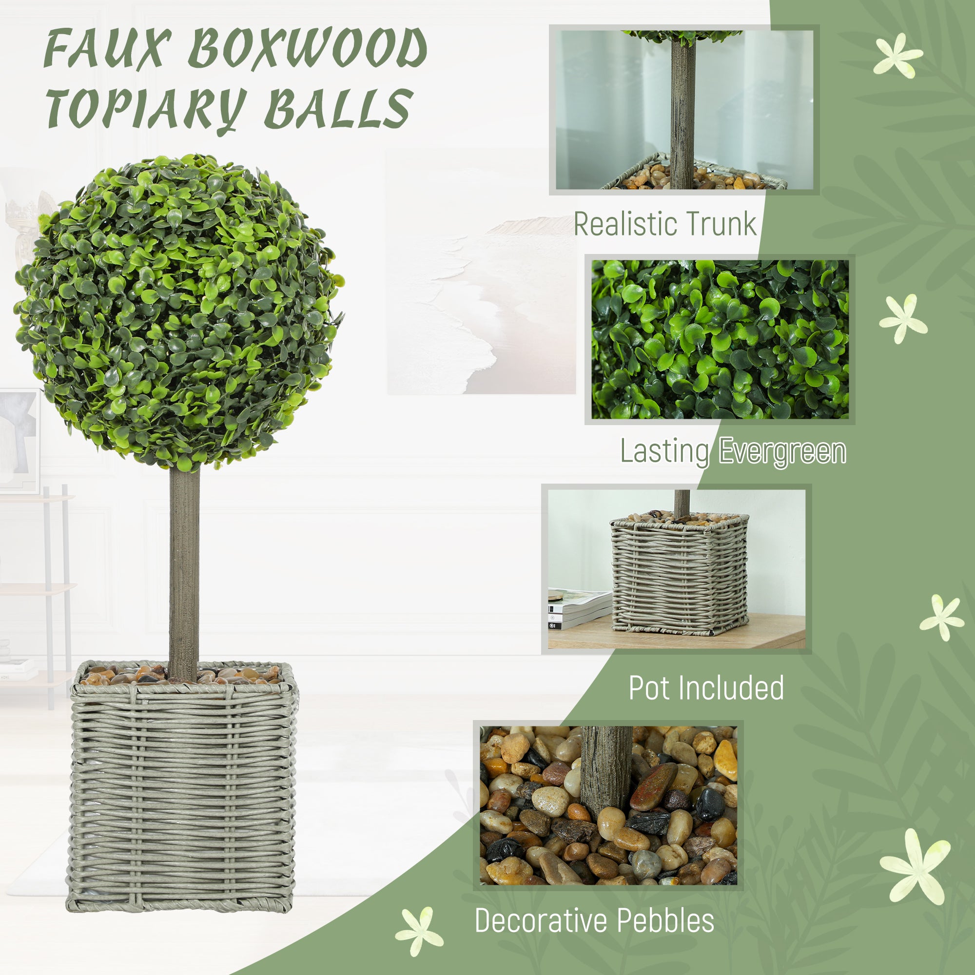 Set of 2 Decorative Artificial Plants, 50cm Faux Boxwood Topiary Balls with Woven Plastic Pot and Pebbles, Fake Plants for Home or Office Decor, Green
