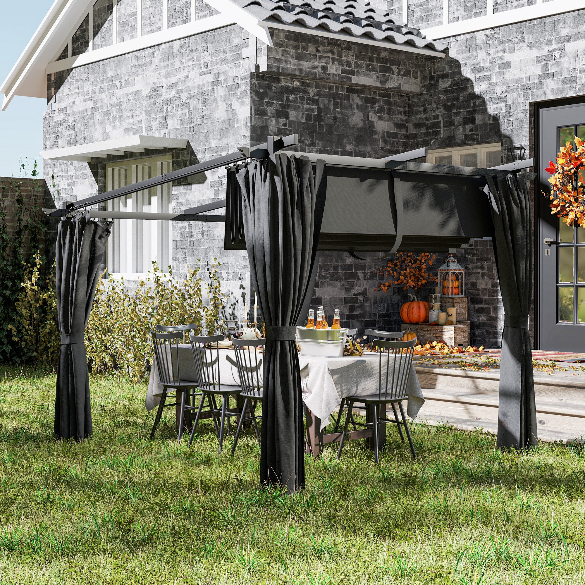 3 x 3 m Retractable Roof Pergola with Curtains - Dark Grey