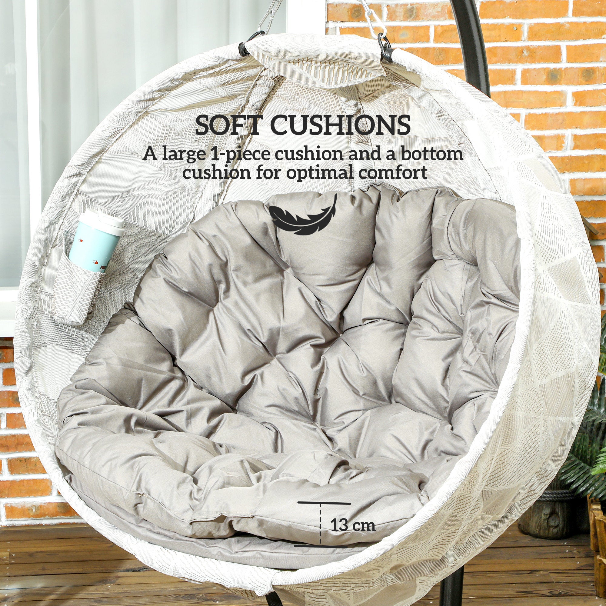 Hanging Egg Chair with Stand and Thick Cushion - Sand Brown