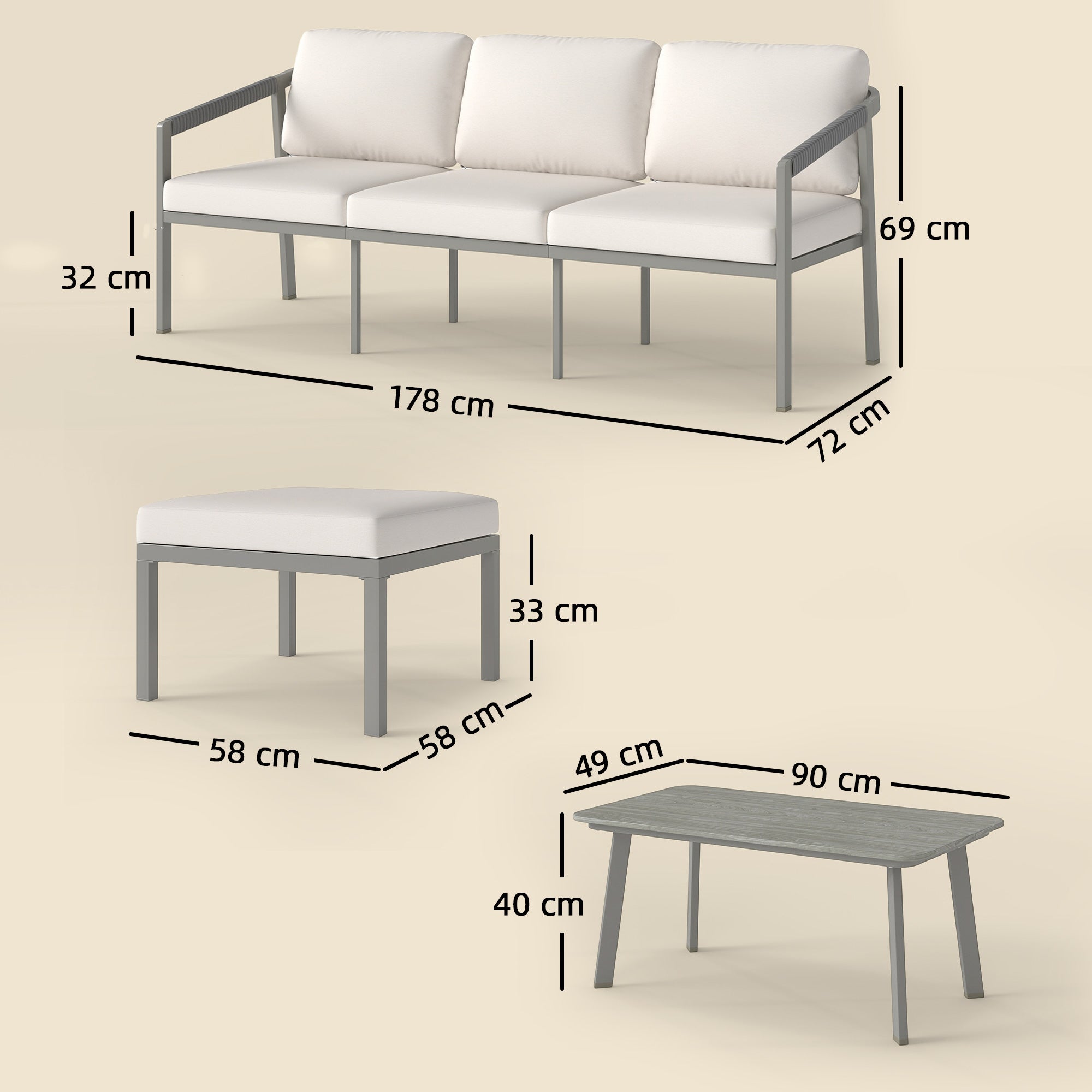 3 Piece Garden Dining Set, Outdoor Patio Furniture with 3 Seater Sofa, Footstool, Coffee Table and Cuhsions