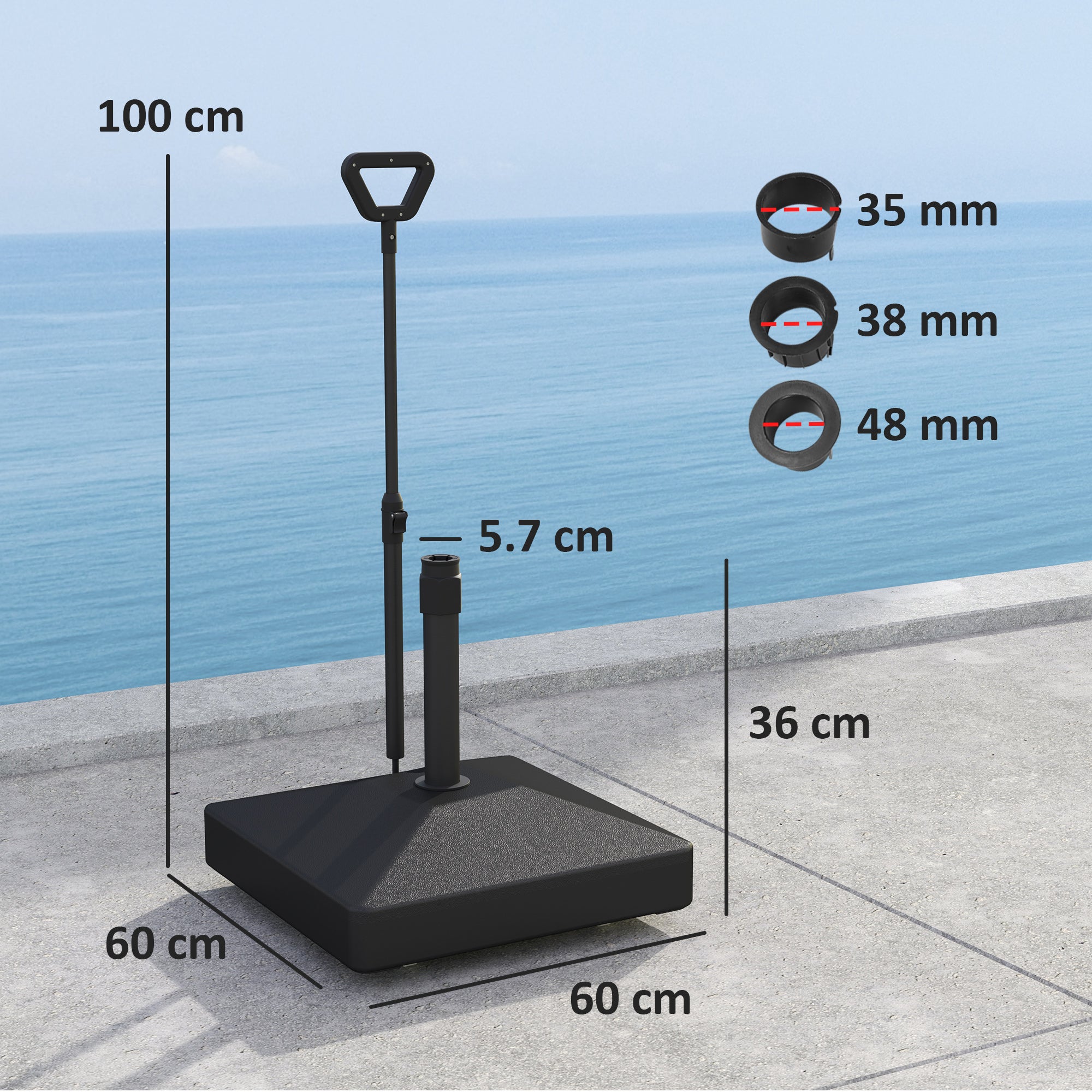 Garden Parasol Base with Adjustable Wheels and Handle, Garden Sun Umbrella Base Parasol Stand, Filled Up to 55kg with Stand, 45kg with Water for 35, 38, 48 mm Poles, Black