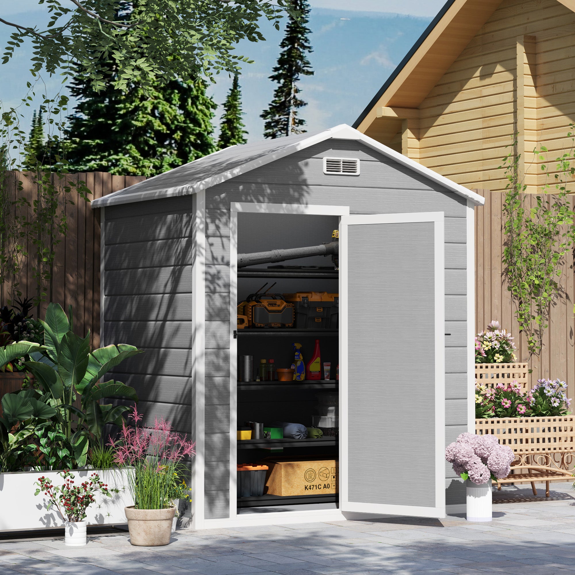 6 x 4ft Plastic Garden Shed with Floor and Lockable Door - Grey Wood Effect