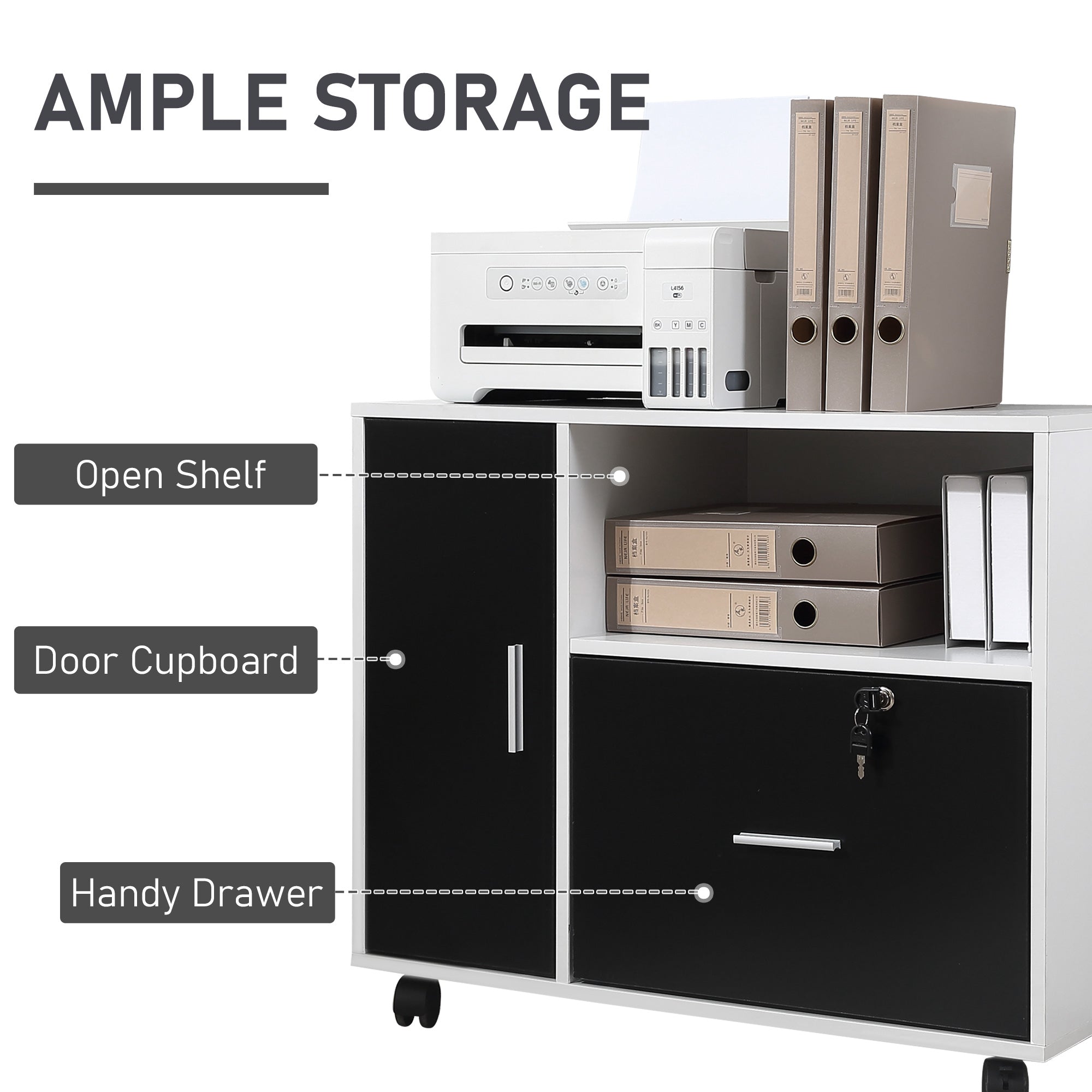 Multi-Compartment Office Storage Cabinet, with File Hangers - Black/White