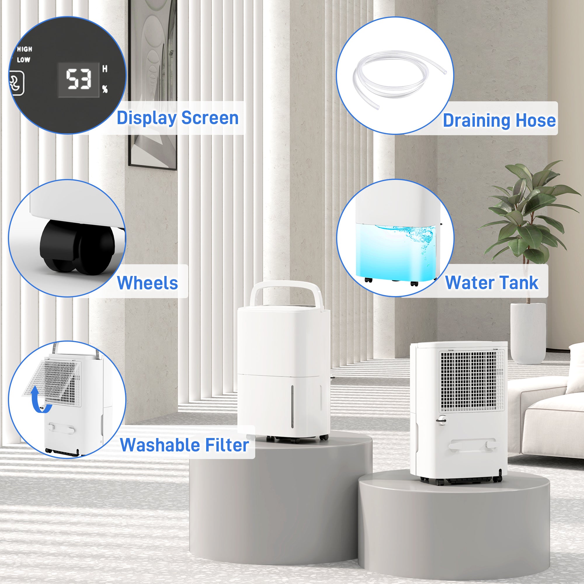 20L/Day Dehumidifier with Continuous Drainage, 5L Water Tank, 24H Timer, Digital Humidity Display, Humidity Light, Dehumidifier for Home Damp, Bedroom, Condensation, Mould, Laundry Drying