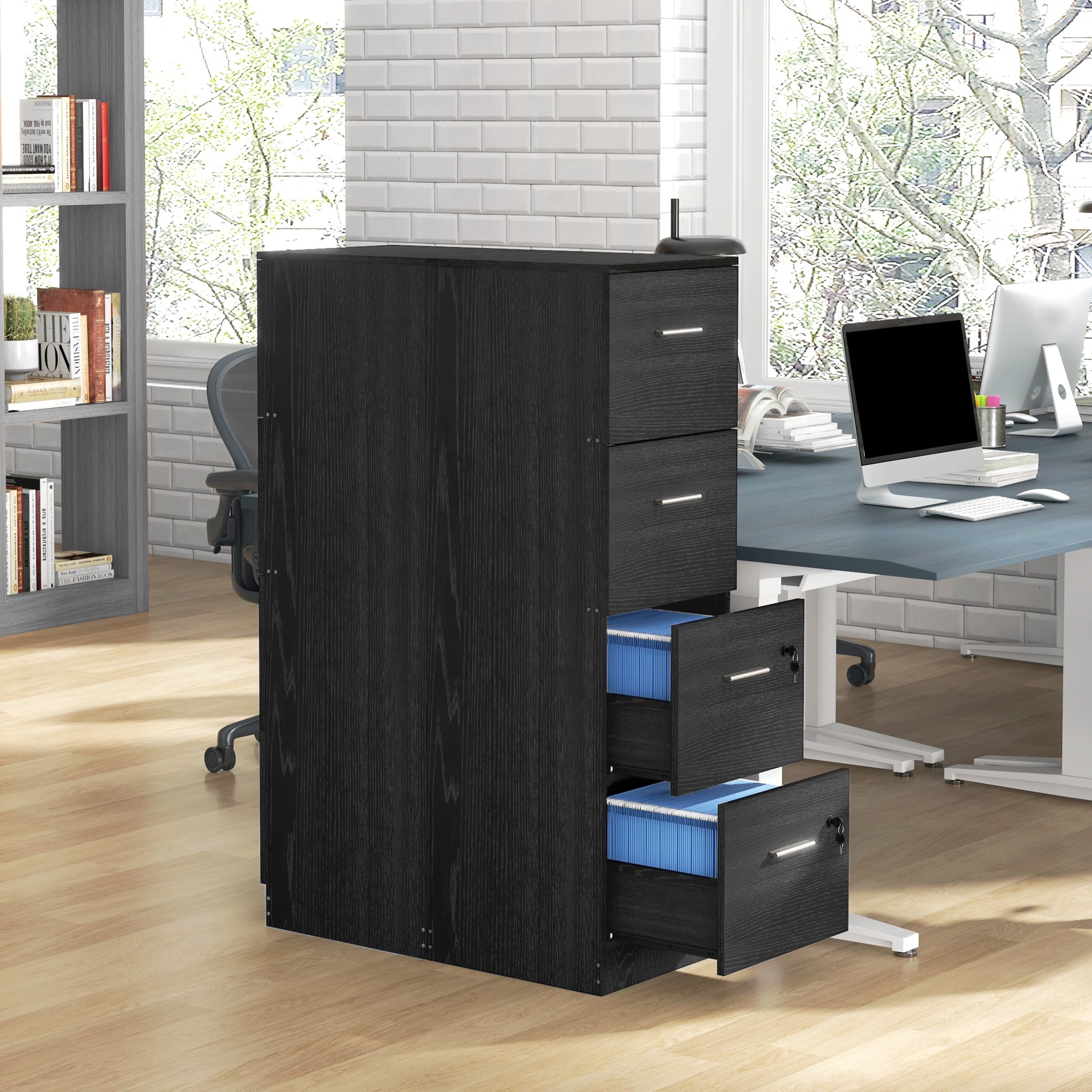 Four-Drawer Lockable Filing Cabinet - Black Wood Effect