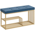 Bench and Shoe Storage, Tufted Shoe Storage Bench with Velvet Seat Cushion Gold Steel Frame for Entryway, Dark Blue