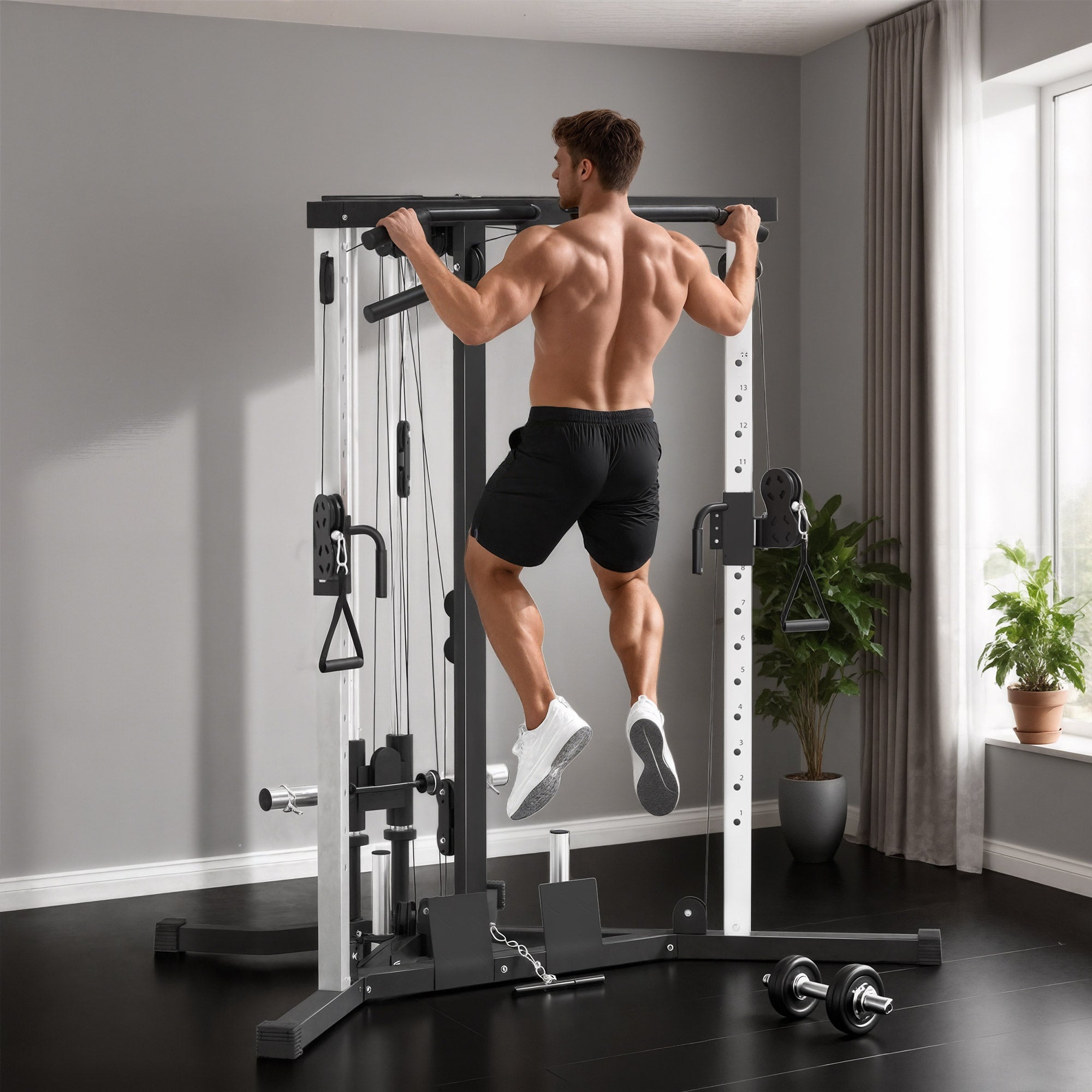 Home Gym Machine, Multifunctional Gym Equipment with High and Low Pulleys, Pull Up Bar, 15-Position Adjustable Strength Training Workout Station for Full Body Fitness