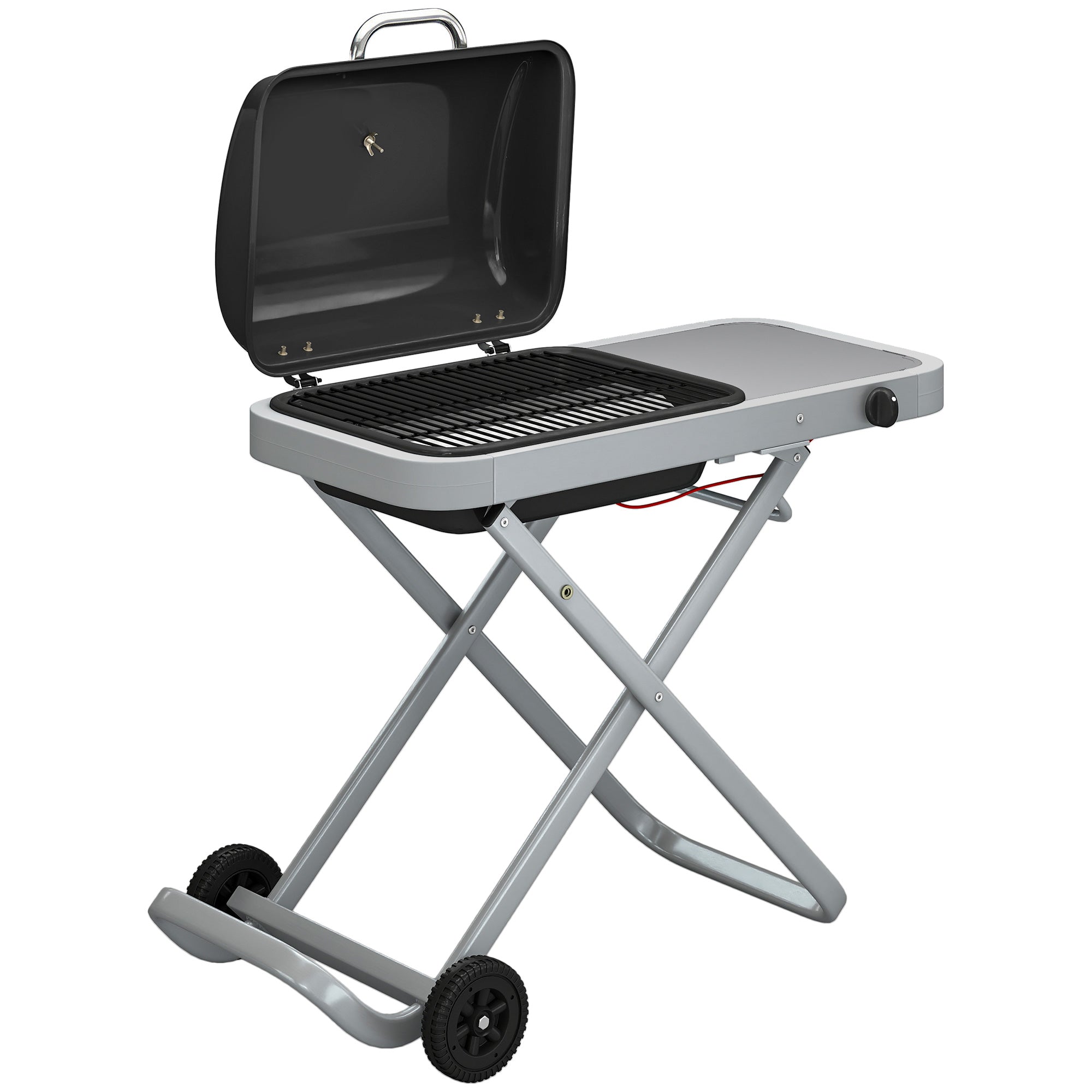 Foldable Gas BBQ Grill with Side Table, Portable Gas Barbecue Grill with Thermometer, Grease Box, Wheels, 2.5 kW, Black