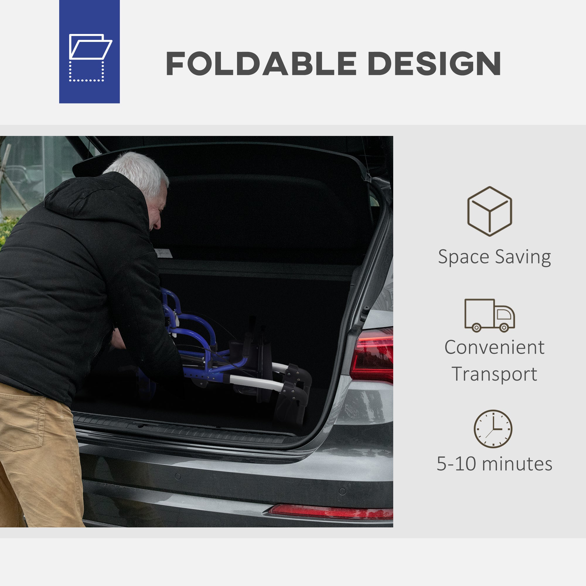 2 in 1 Folding Wheelchair Transport Chair & Rollator Walker with Seat, Backrest, Footrest, Adjustable Height, 4 Wheels for Seniors - Pearl Blue