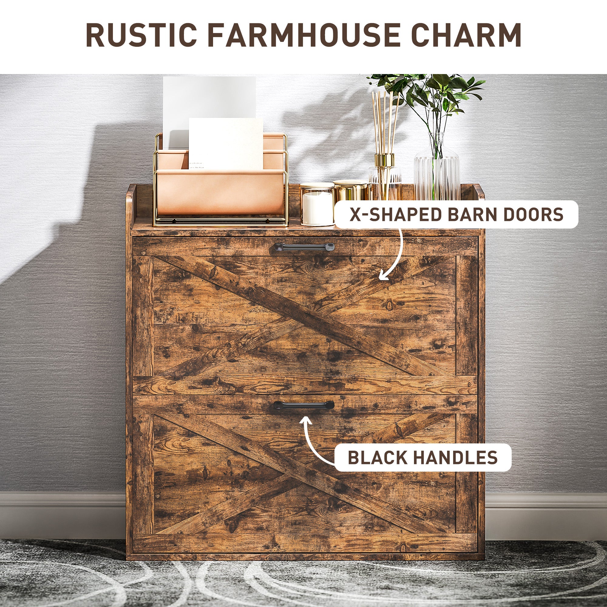 Two Flip Drawer Narrow Shoe Cabinet with Adjustable Shelves - Rustic Brown