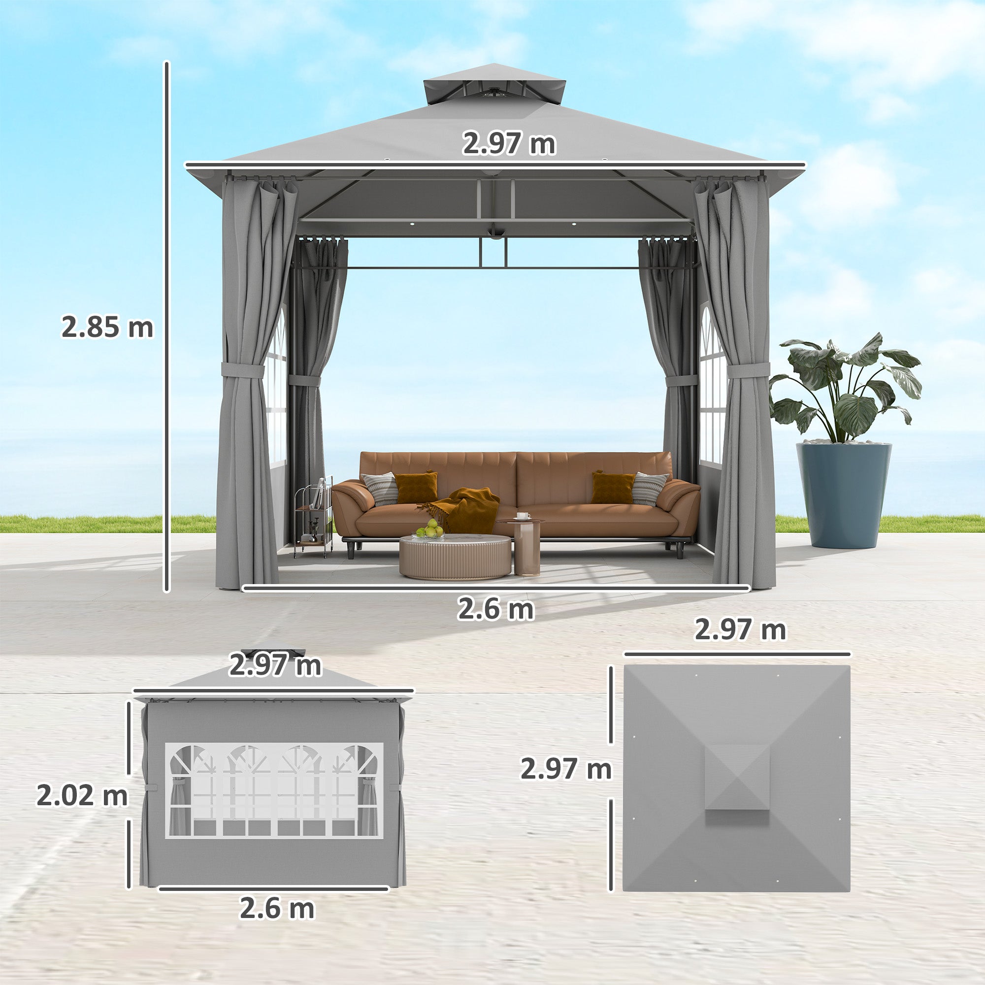 3 x 3 Metres Garden Gazebo Set with Double Roof and Removable Sidewalls - Light Grey