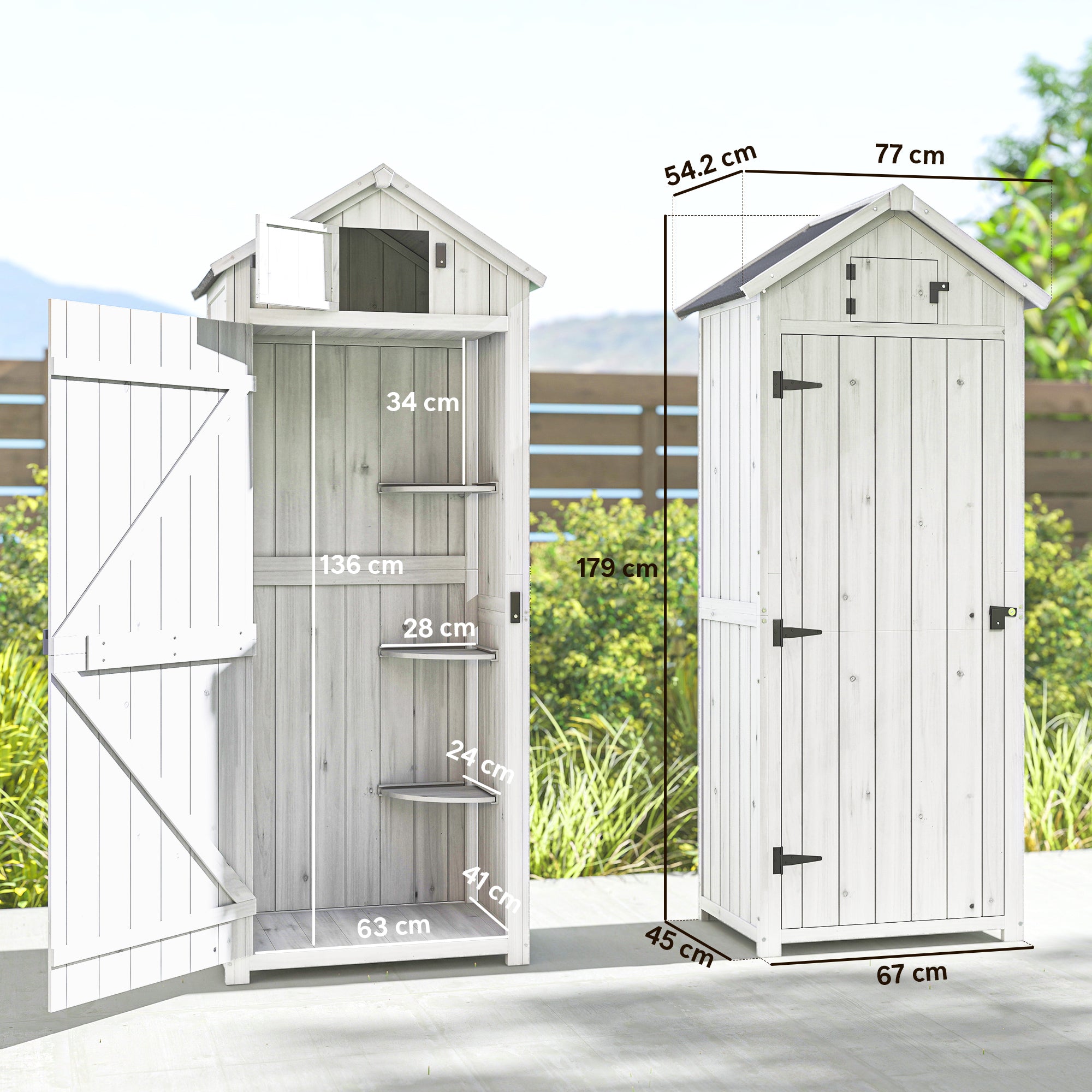 Small Shed, Tall Slim Wooden Garden Shed with 3 Removable Shelves and Roof Hatch, Compact Outdoor Tool Storage Cabinet with Asphalt Roof and Door Latch, 77 x 54.2 x 179 cm, Light Grey