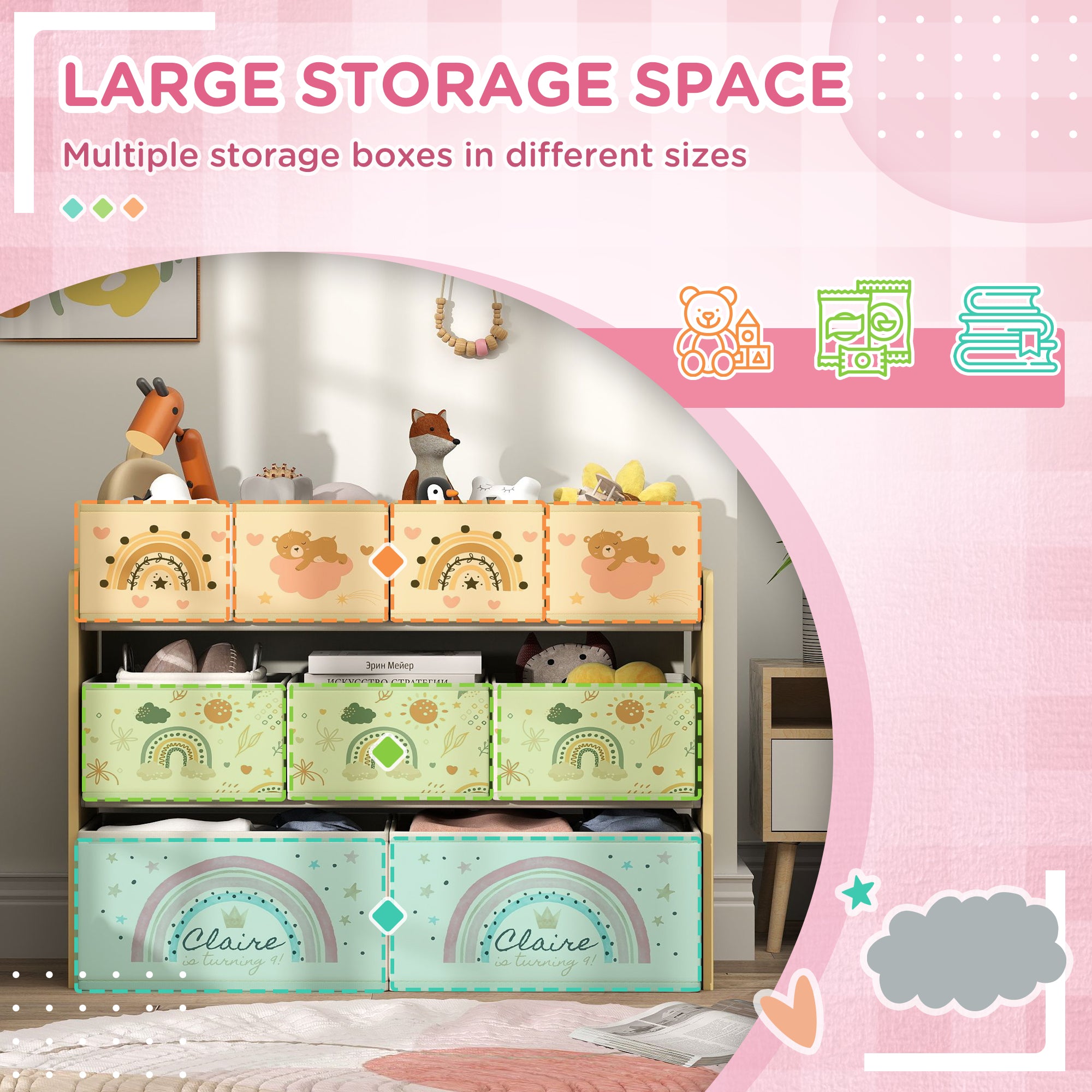 3 Tier Kids Storage Unit with 9 Non-Woven Fabric Boxes - Yellow