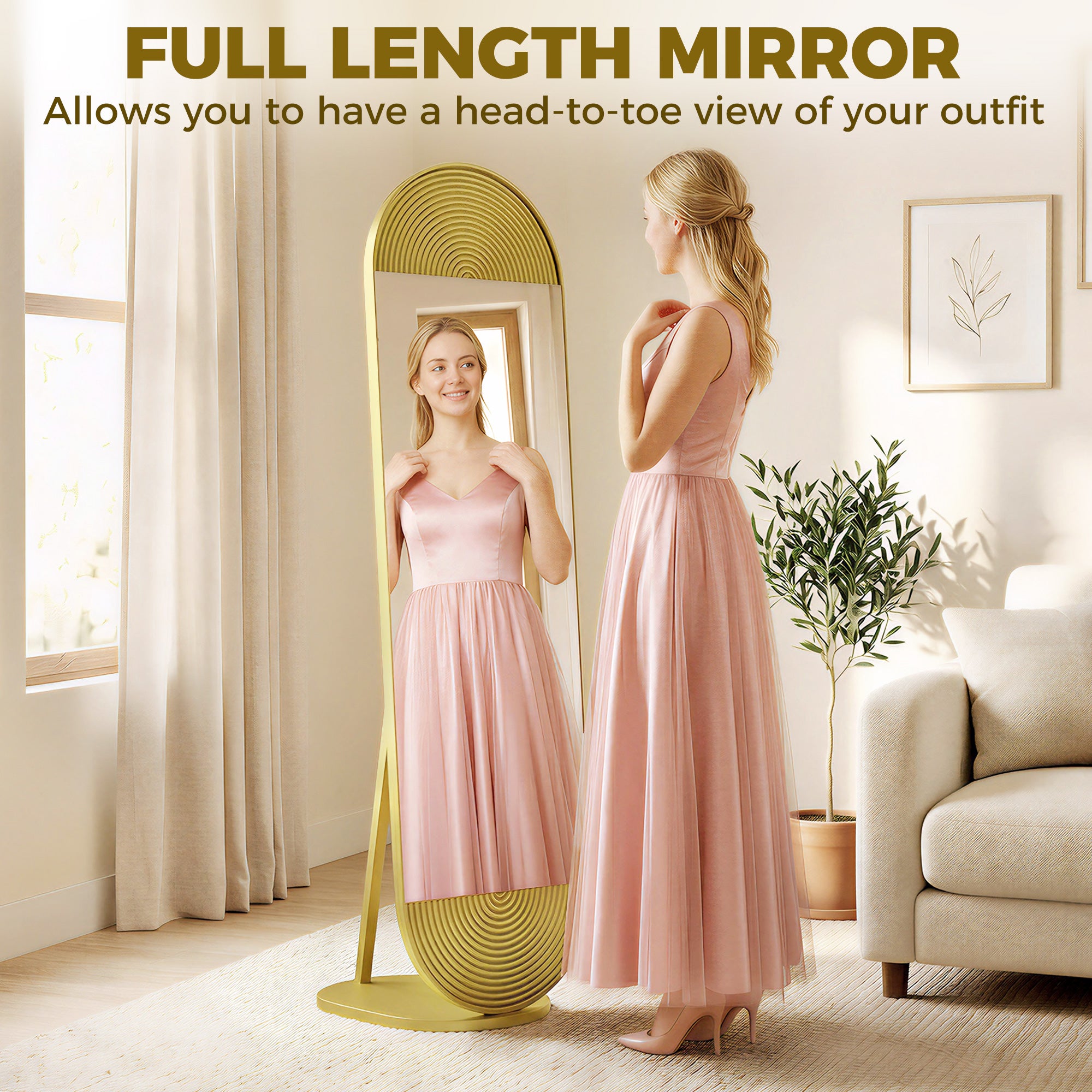 50 x 161 cm Wavy Full Length Mirror, Free Standing Mirror with Metal Frame and Solid Base, Gold Tone