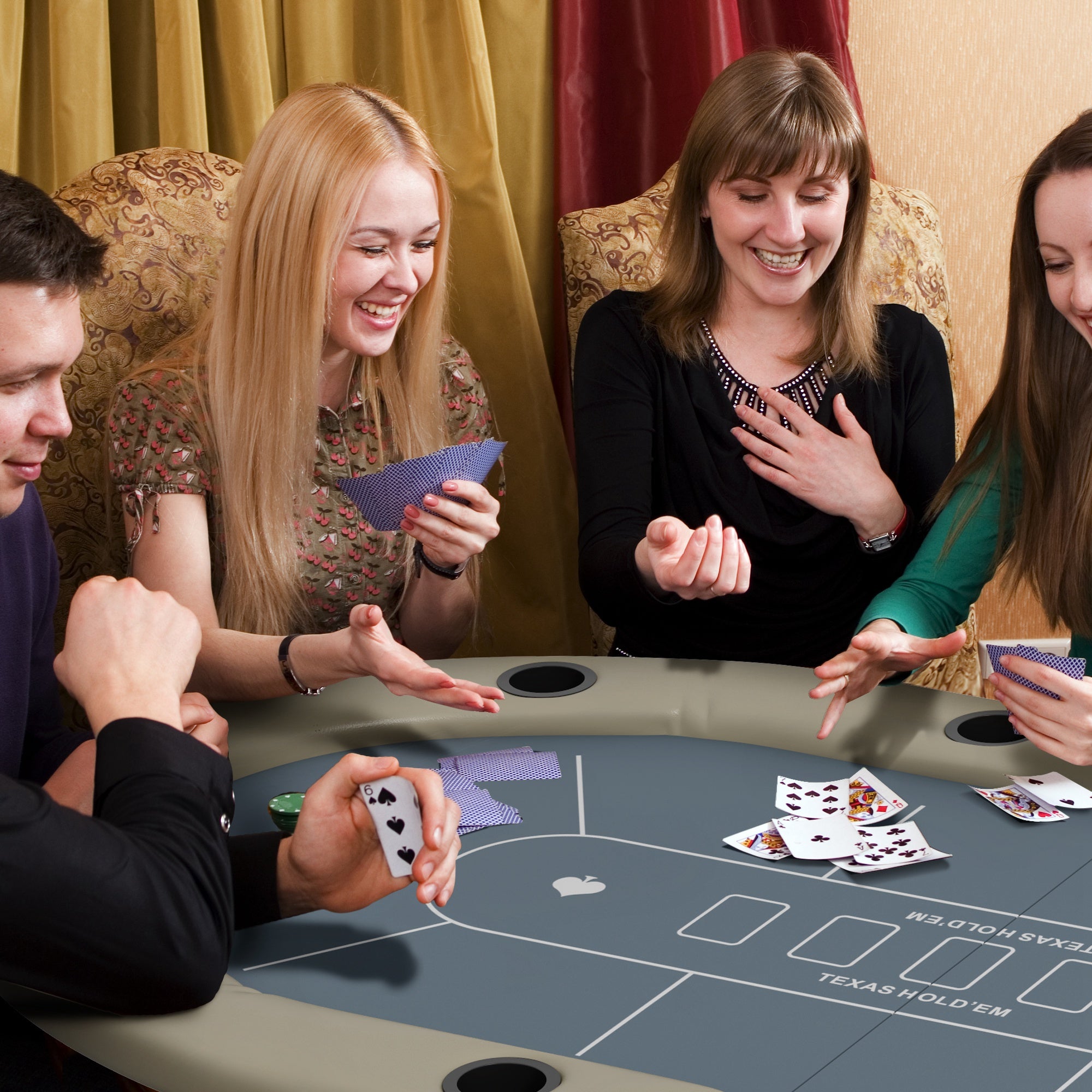 10 Player Folding Poker Table, with Cup Holders, Cushioning Edge, Brown and Blue