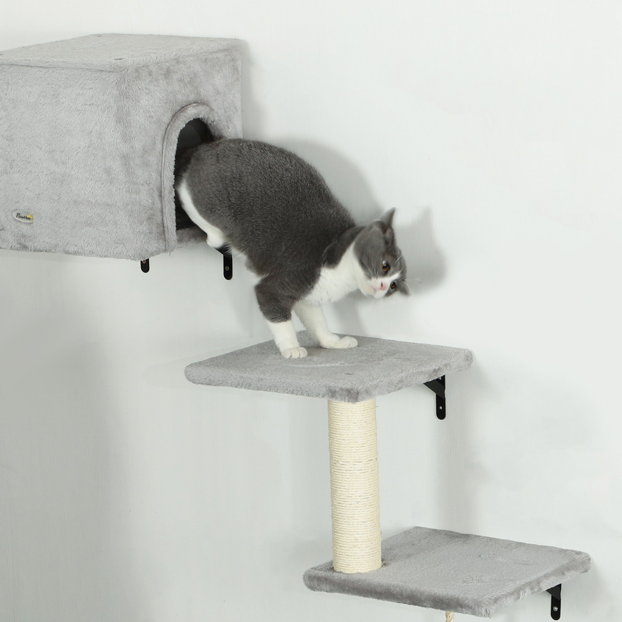 6-Piece Cat Wall Shelves Set with Condo, Cat Wall Furniture with Platforms, Sisal Scratching Post, Bed, Toy Ball, Grey