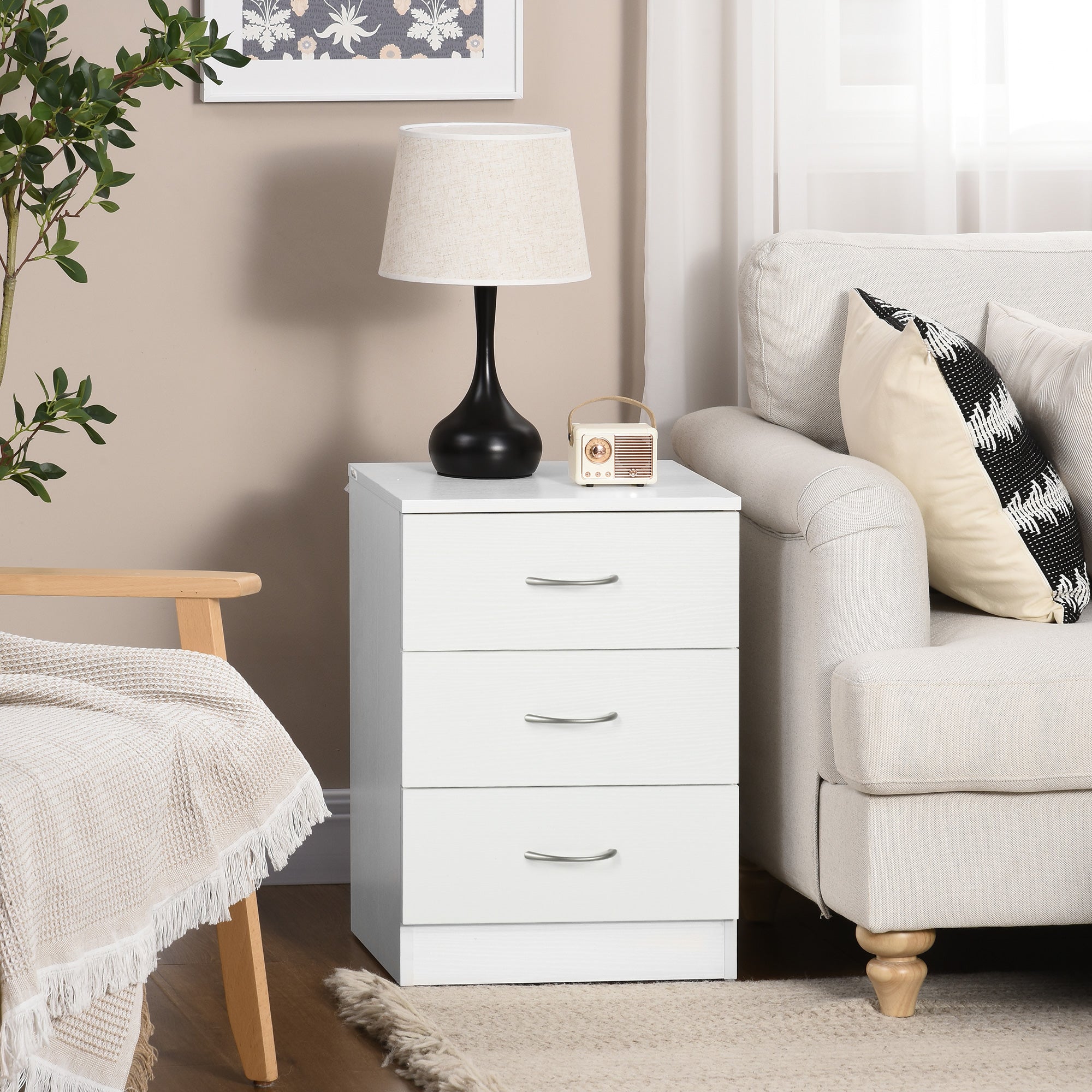 Three-Drawer Simple Bedside Table - White