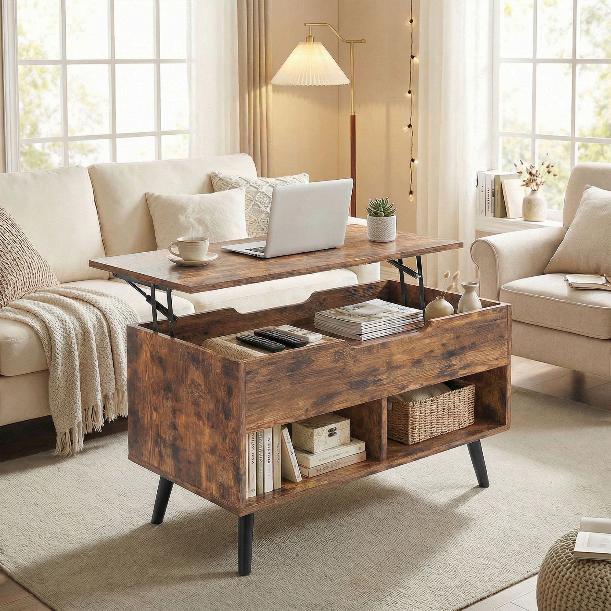 Lift Top Coffee Table with Hidden Storage Living Room Table Metal Legs 75 cm Rustic Brown