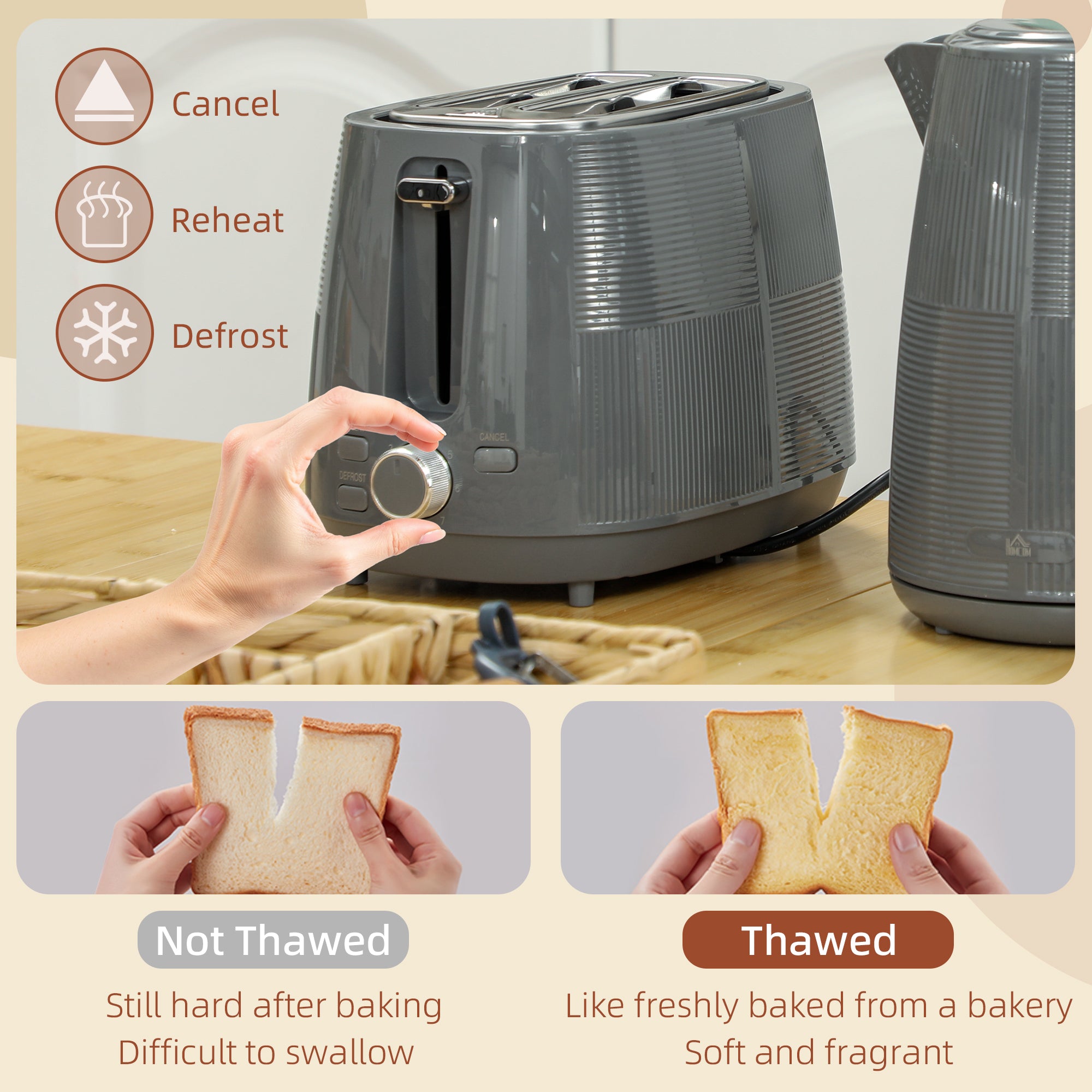 1.7L 3000W Kettle and 2-Slice Toaster Set with 7 Browning Levels, Defrost & Reheat - Grey
