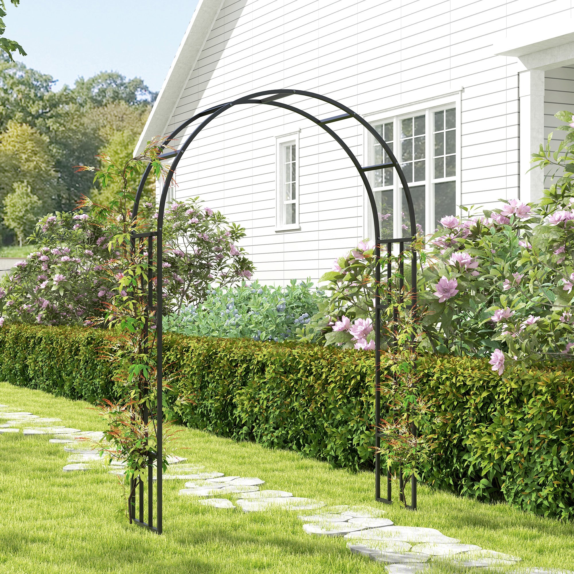 Steel Garden Arch 2.2m x 1.5m Metal Trellis for Climbing Plants and Wedding Decoration - Black