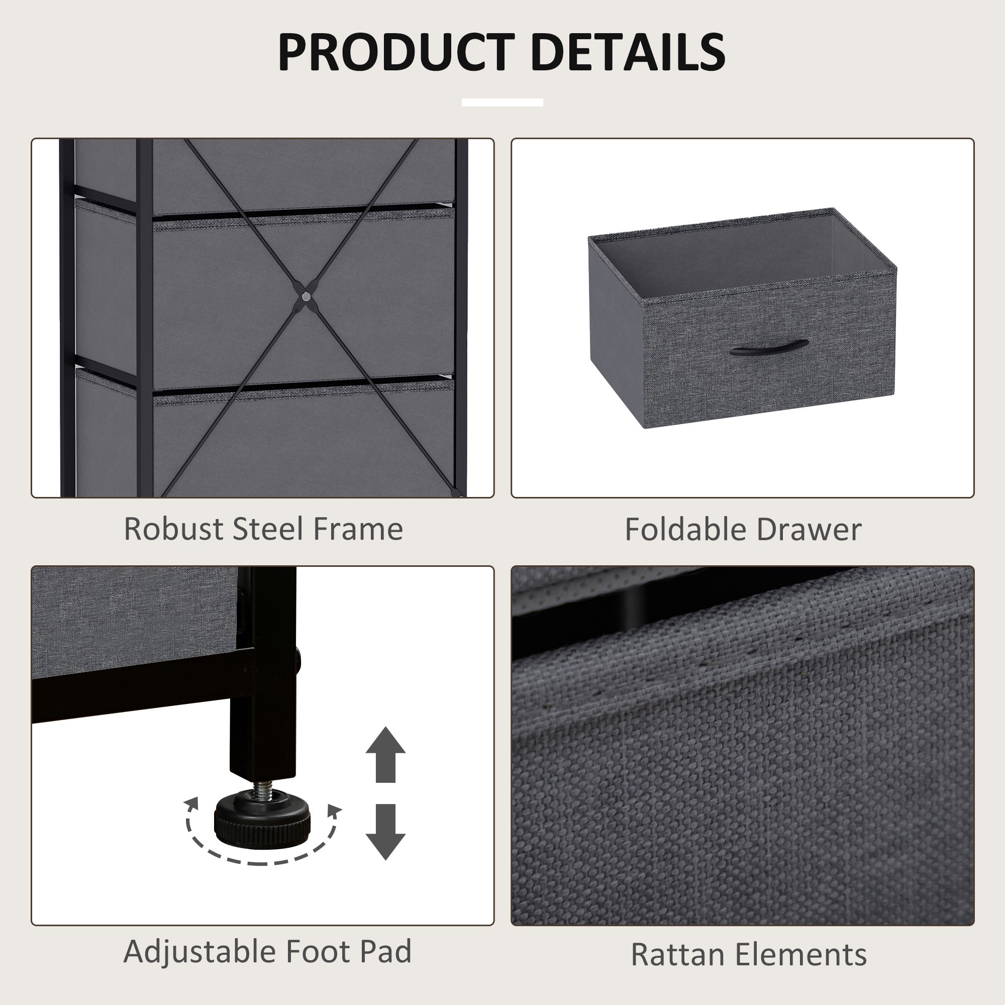 Fabric Chest of Drawers with 5 Storage Drawers, Steel Frame & Wooden Top - Dark Grey