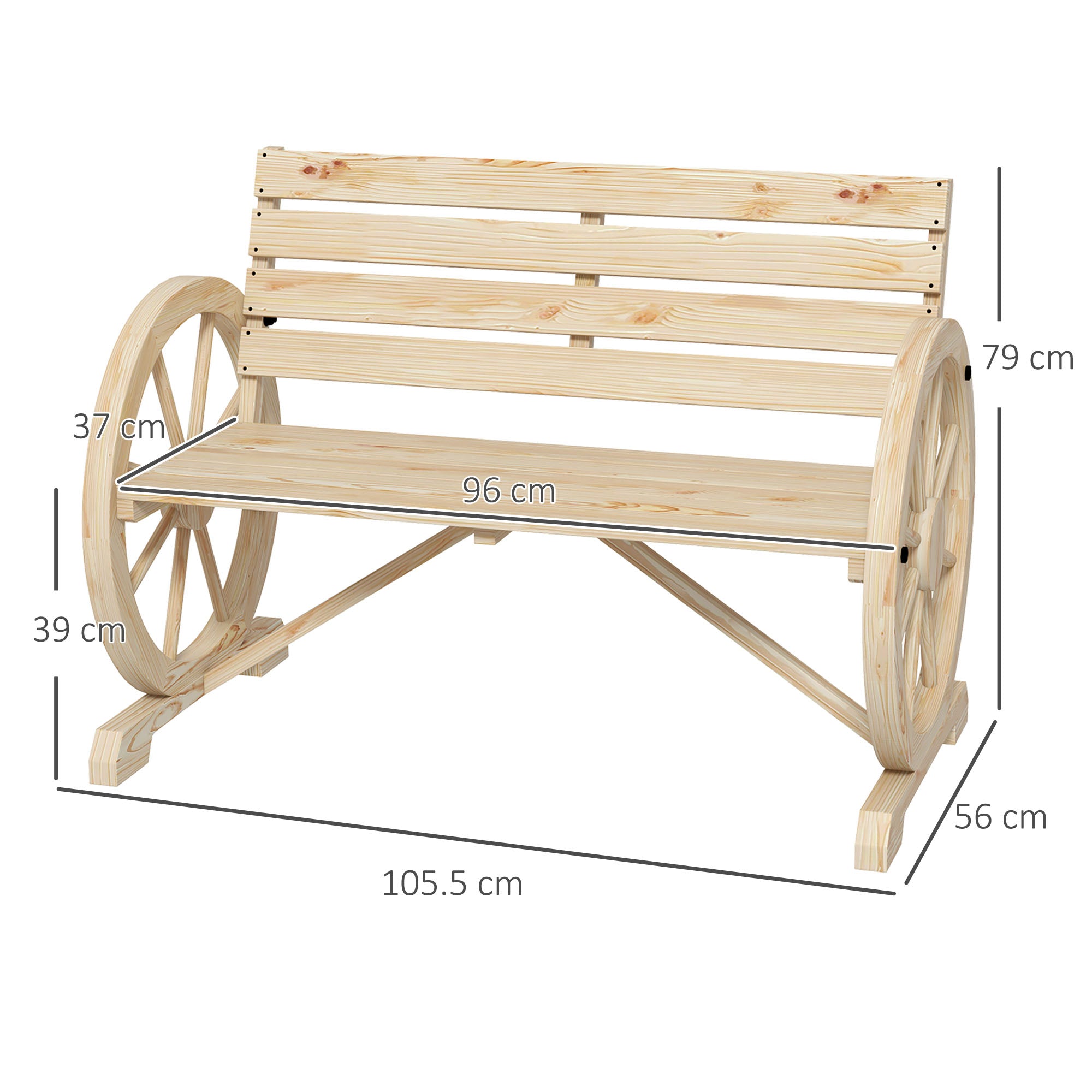 Wagon Wheel Chair Bench Armrest Rustic Loveseat Wood Outdoor Garden, Natural