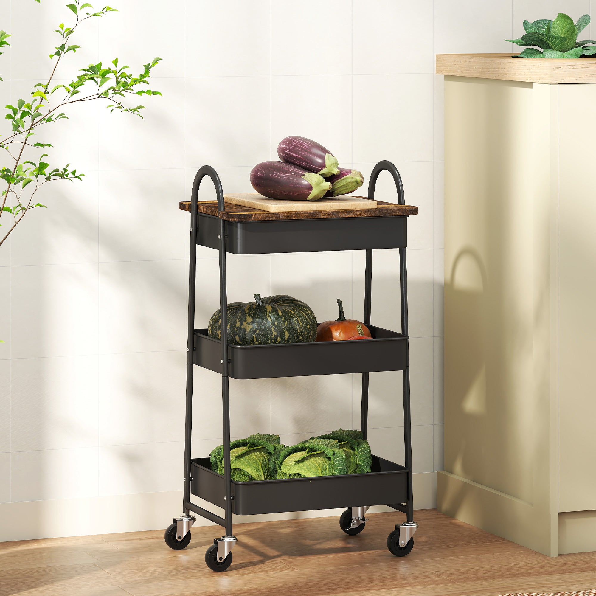 3-Tier Kitchen Storage Trolley with on Wheels Cover Top Board - Rustic Brown and Black