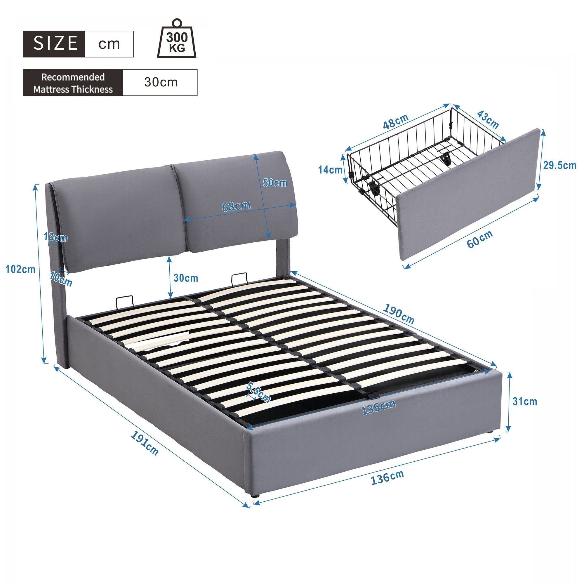 Upholstered Double Bed with Hydraulic Storage and Drawers - Grey Velvet
