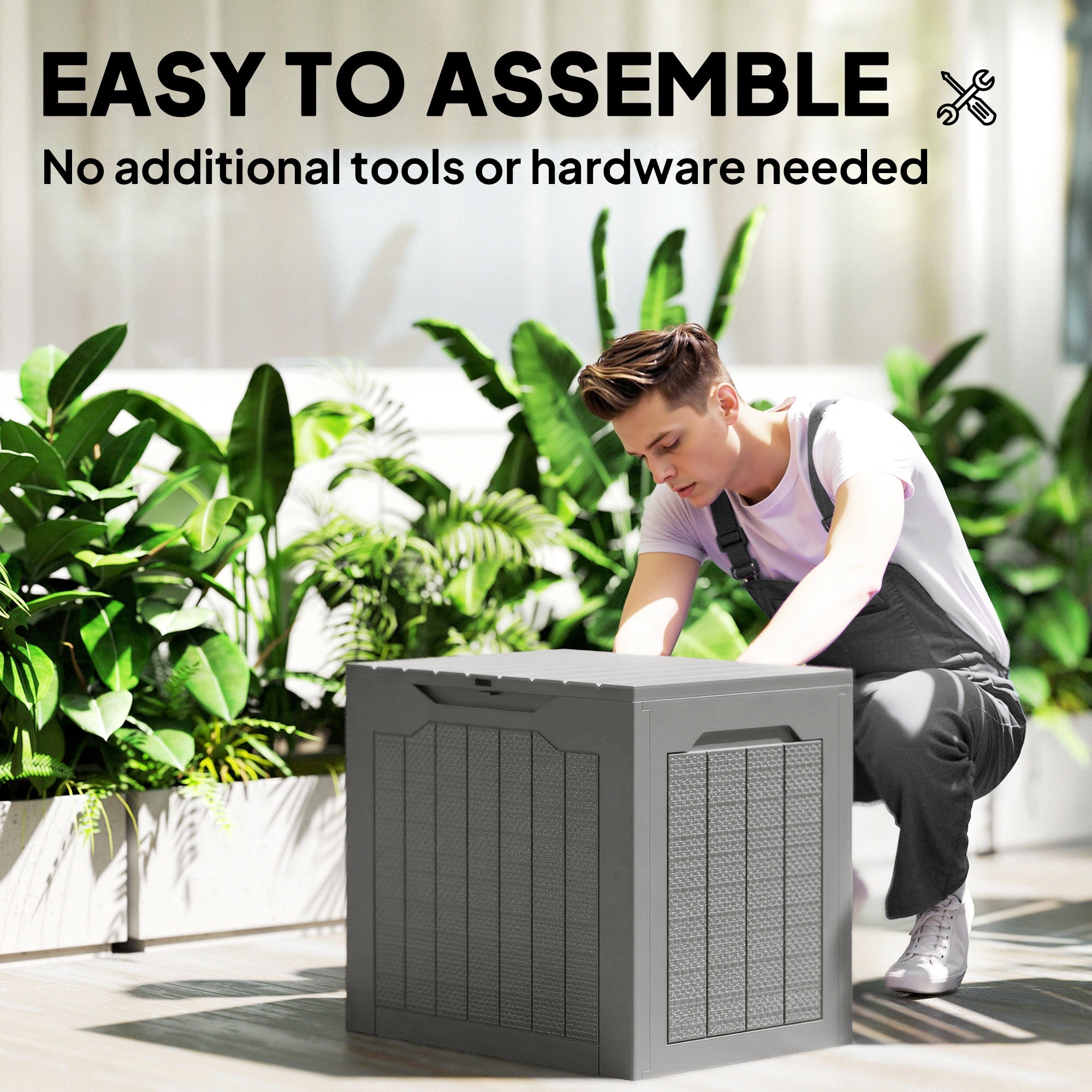 93L Plastic Garden Storage Box, Outdoor Storage Box with Handles, Waterproof Outdoor Storage Container, Khaki