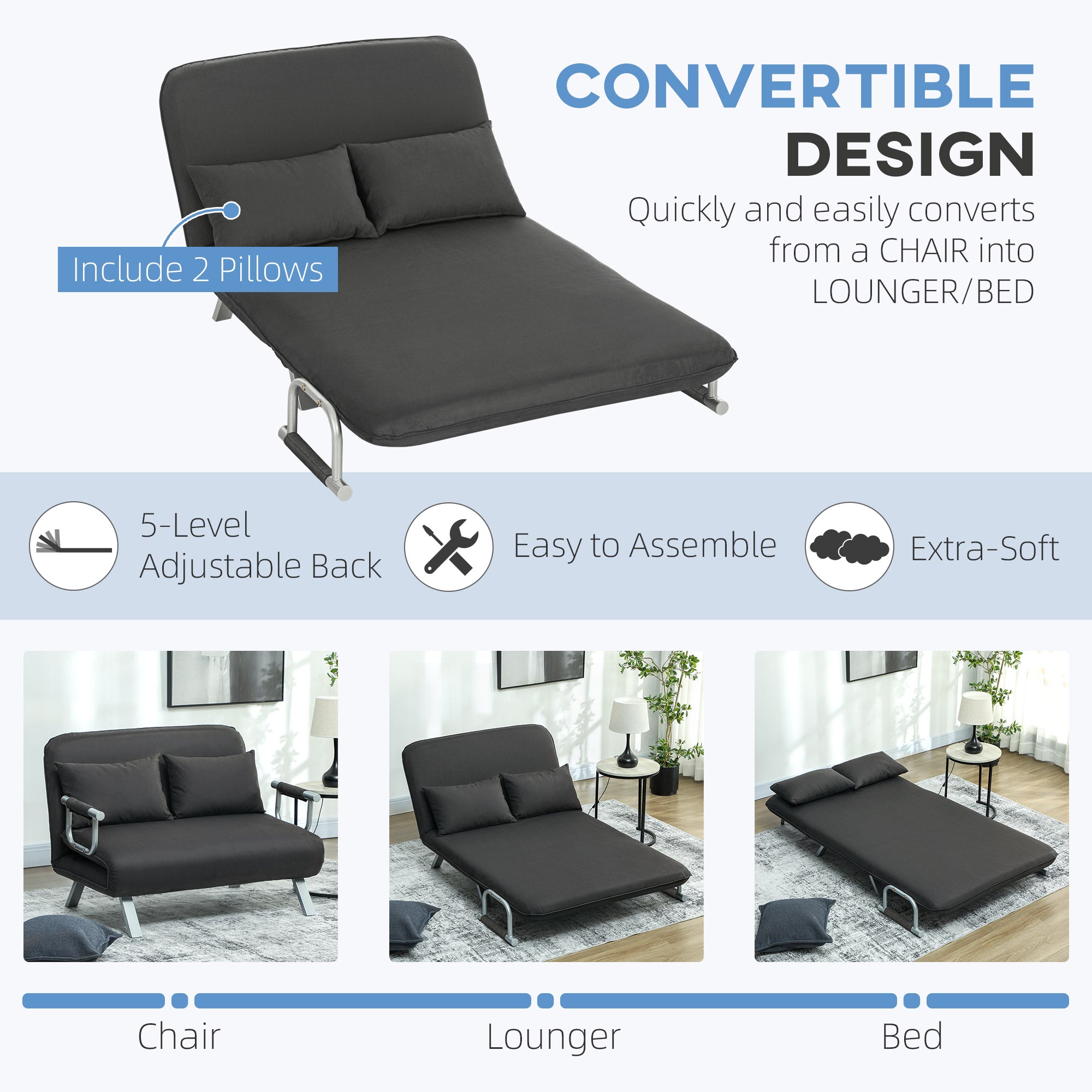 Two-Seater Click-Clack Sofa Bed - Charcoal Grey