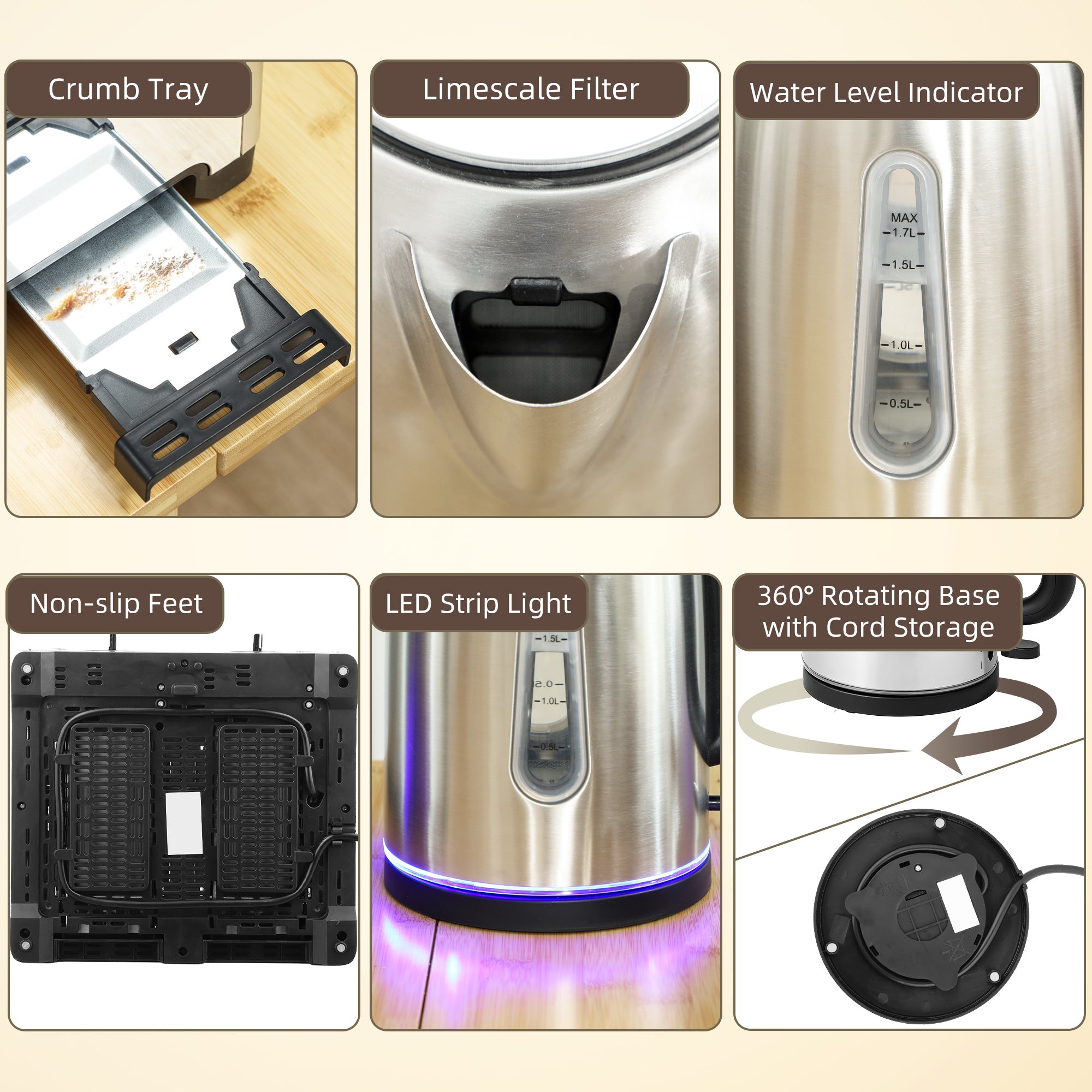 Kettle and Toaster Set, 1.7L 3000W Rapid Boil Jug Kettle with Otter Thermostat, Limescale Filter, 4 Slice Toaster with 7 Browning Controls, Crumb Tray, LED Strip, Silver Tone