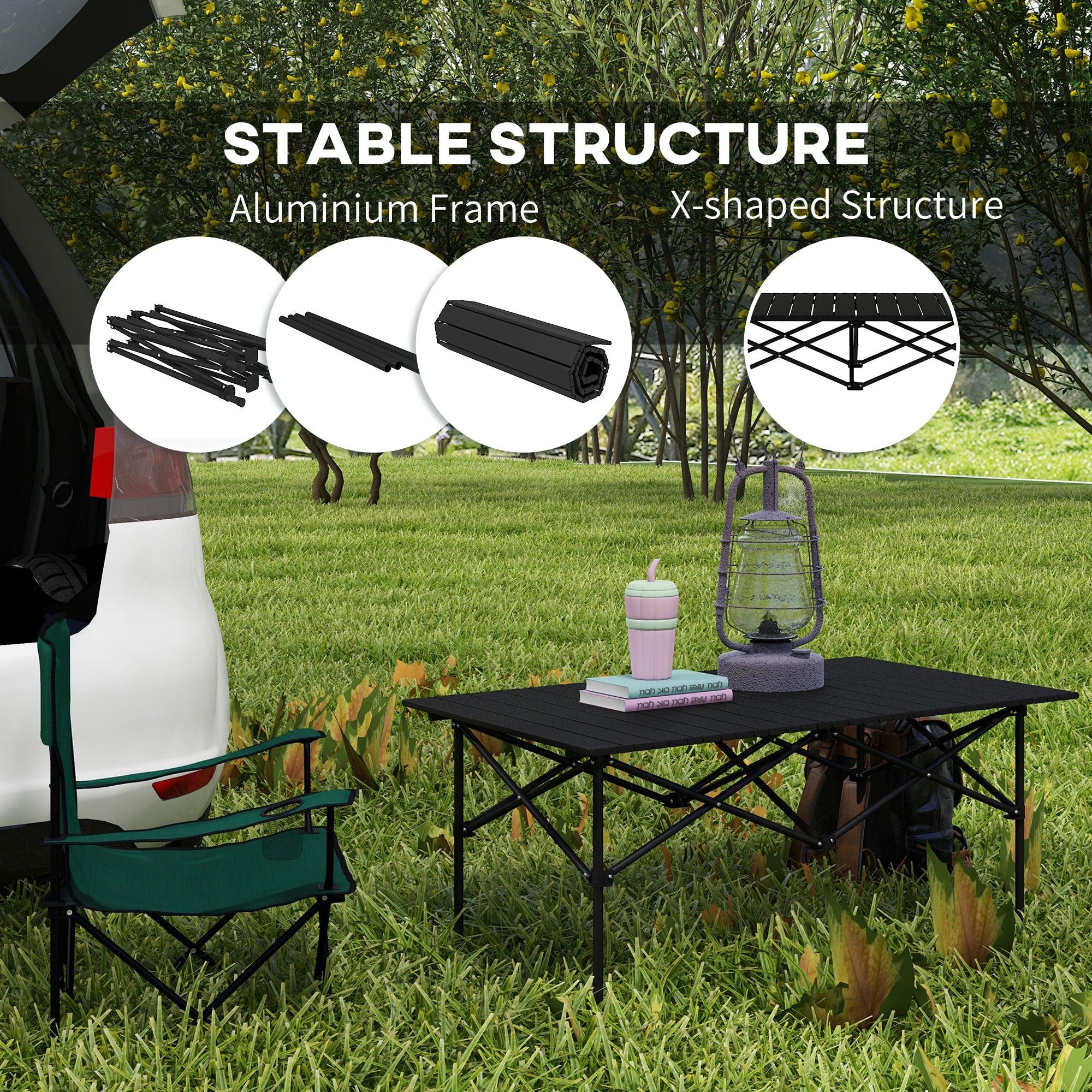 Two-Seater Portable Aluminium Table, with Roll-Up Tabletop and Bag - Black