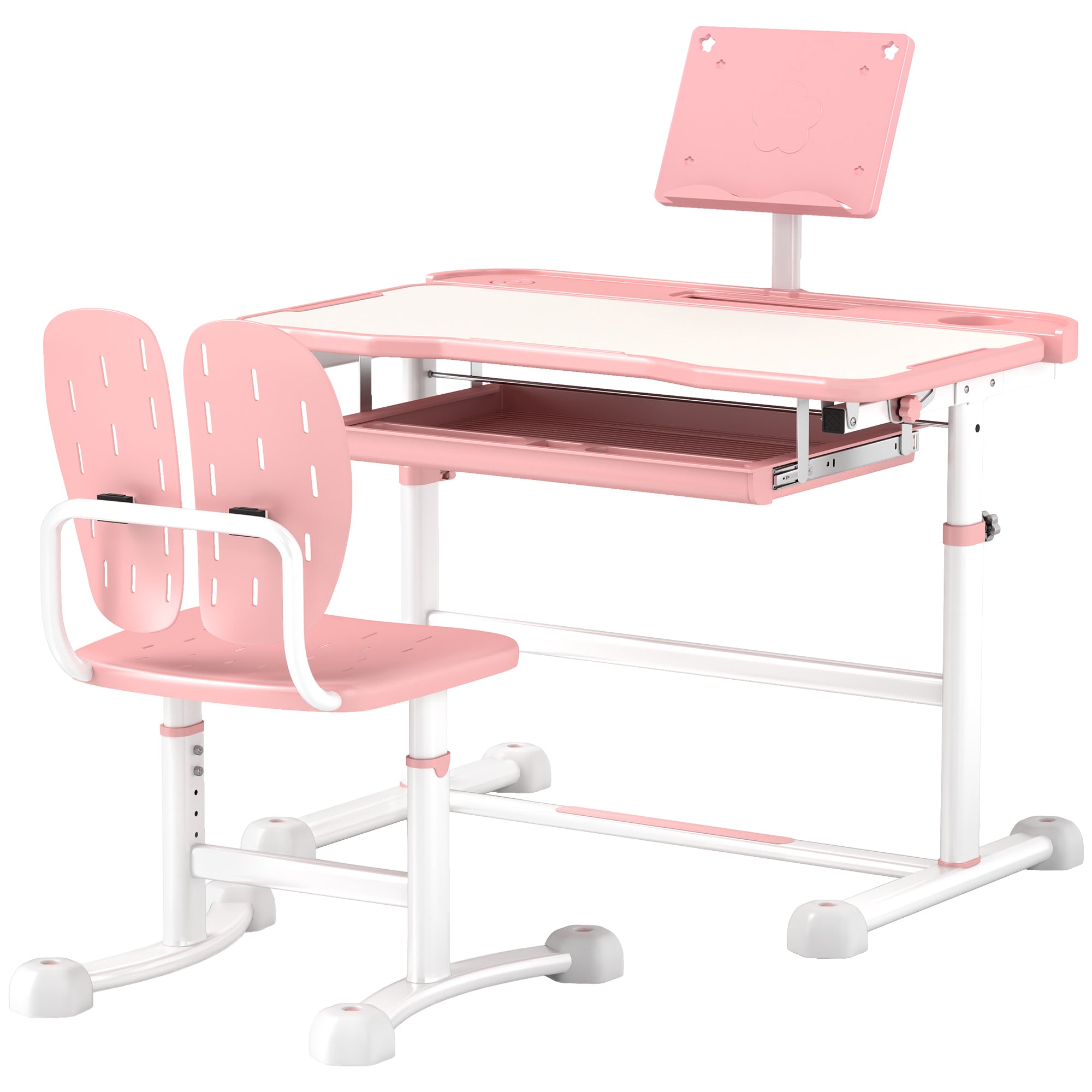 Height Adjustable Kids Desk and Chair Set, School Study Writing, Reading Table Chair Set w/ Tilted Desktop, Pink