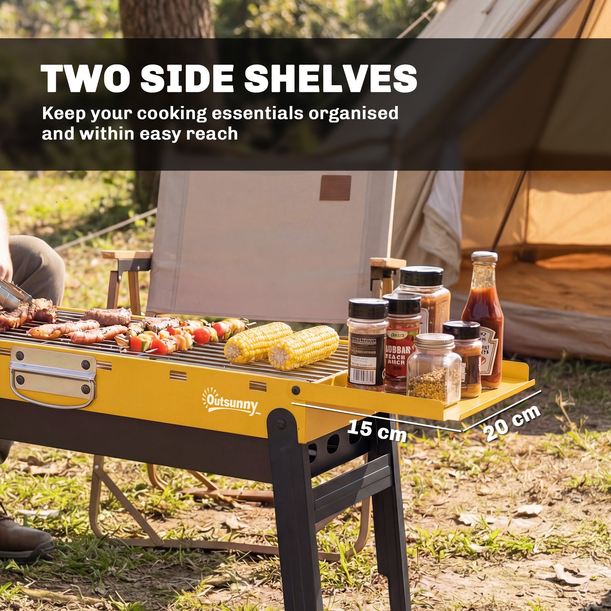 Portable BBQ Grill, Foldable Charcoal Grill for Camping and Picnics with 2 Side Shelves and Handle, Yellow