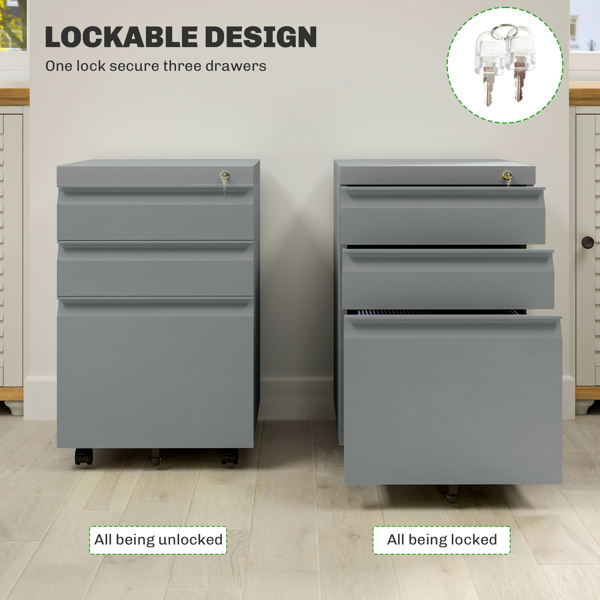 3 Drawer Filling Cabinet, Mobile Metal File Cabinet with Anti-tilt Design for Letter, A4, Legal Size, Grey