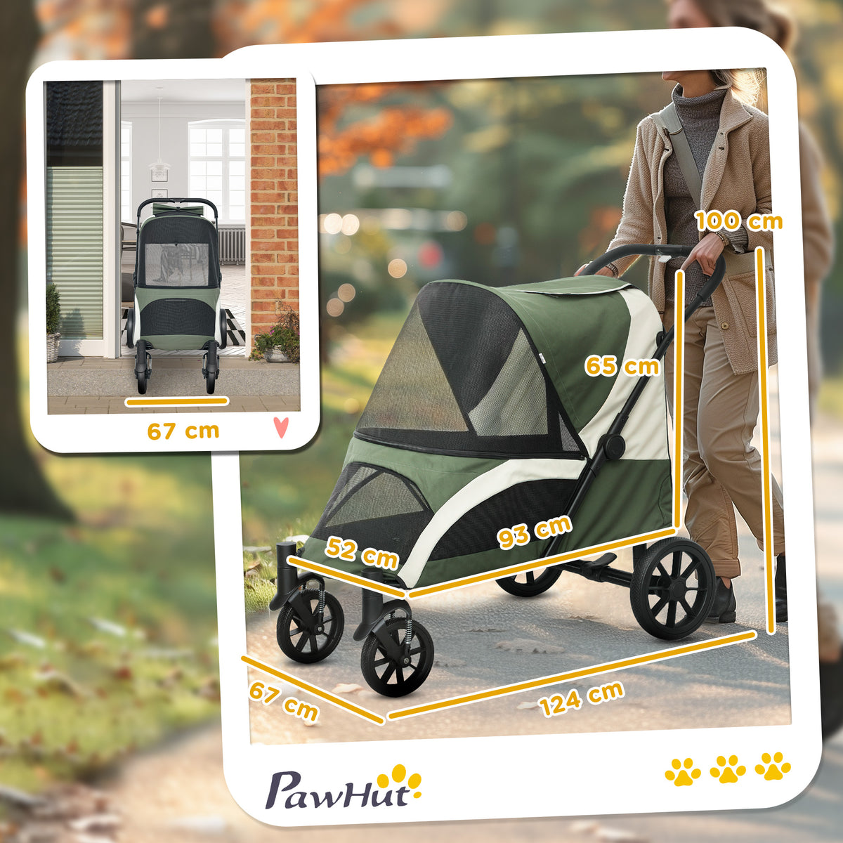 Easy Folding Large Dog Pet Stroller with Shock Absorb Frame, Safety Leashes & Brakes - Dark Green