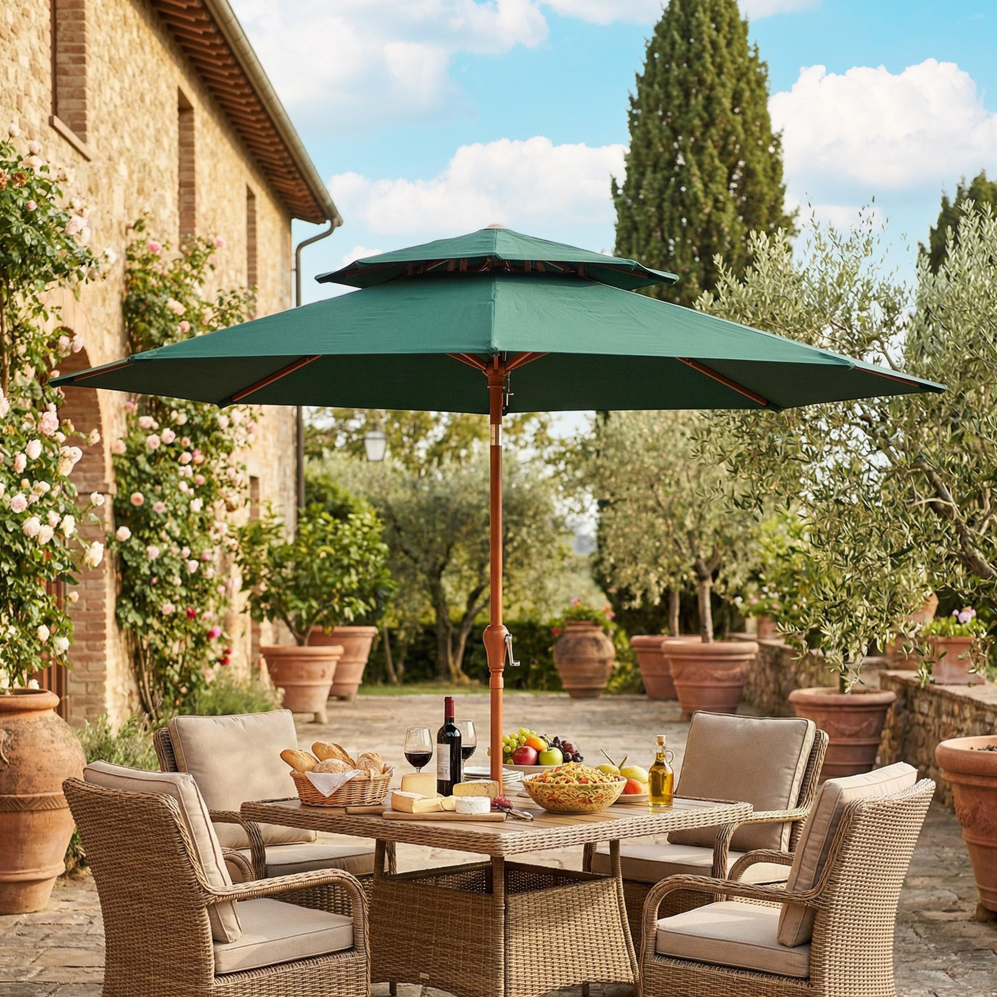 2.7 m Garden Parasol with Double Top Outdoor Market Table Umbrella with Crank System, Green