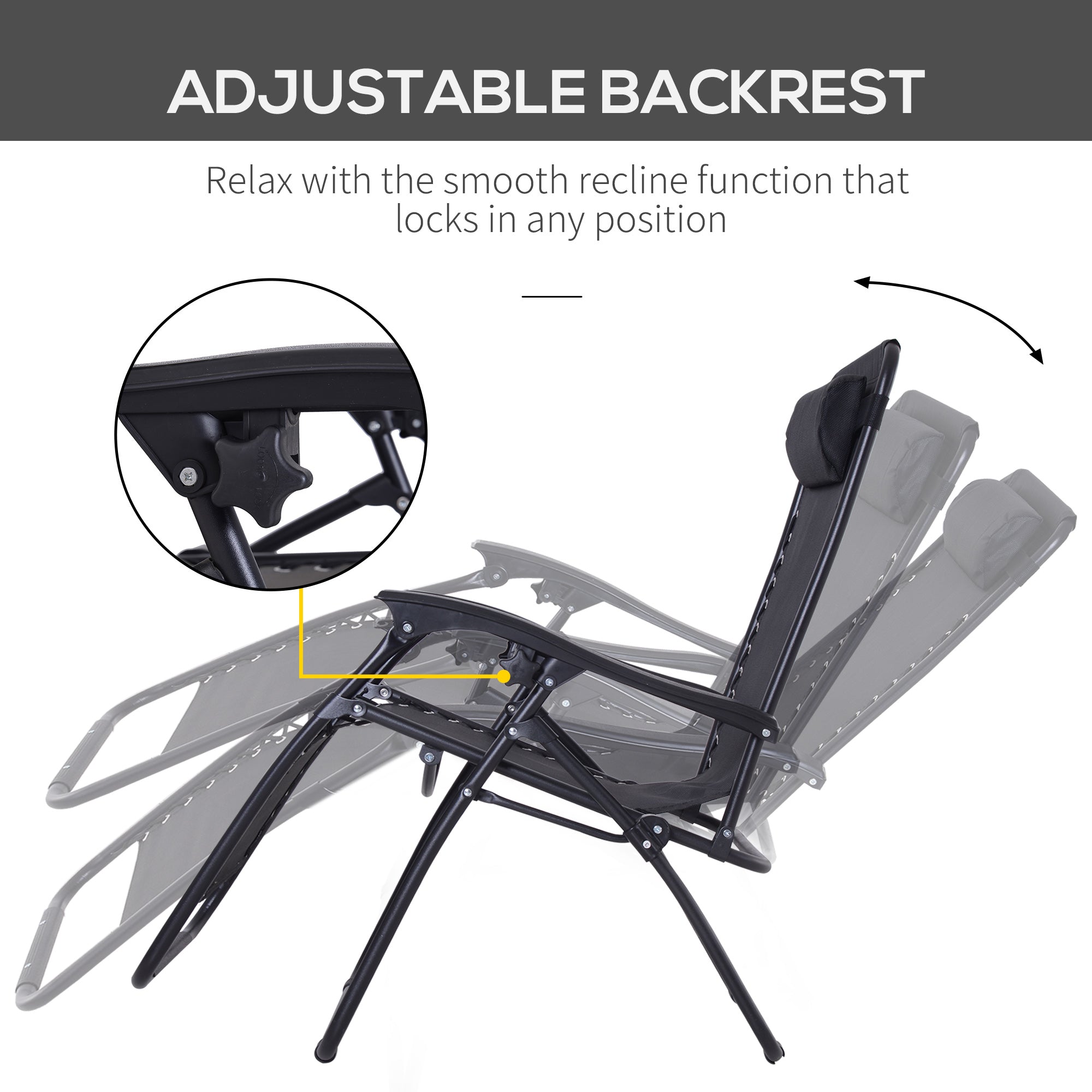 Zero Gravity Chair Set of 2, Metal Frame Texteline Armchair Outdoor Folding and Reclining Sun Lounger with Head Pillow for Patio Decking Gardens Camping, Black